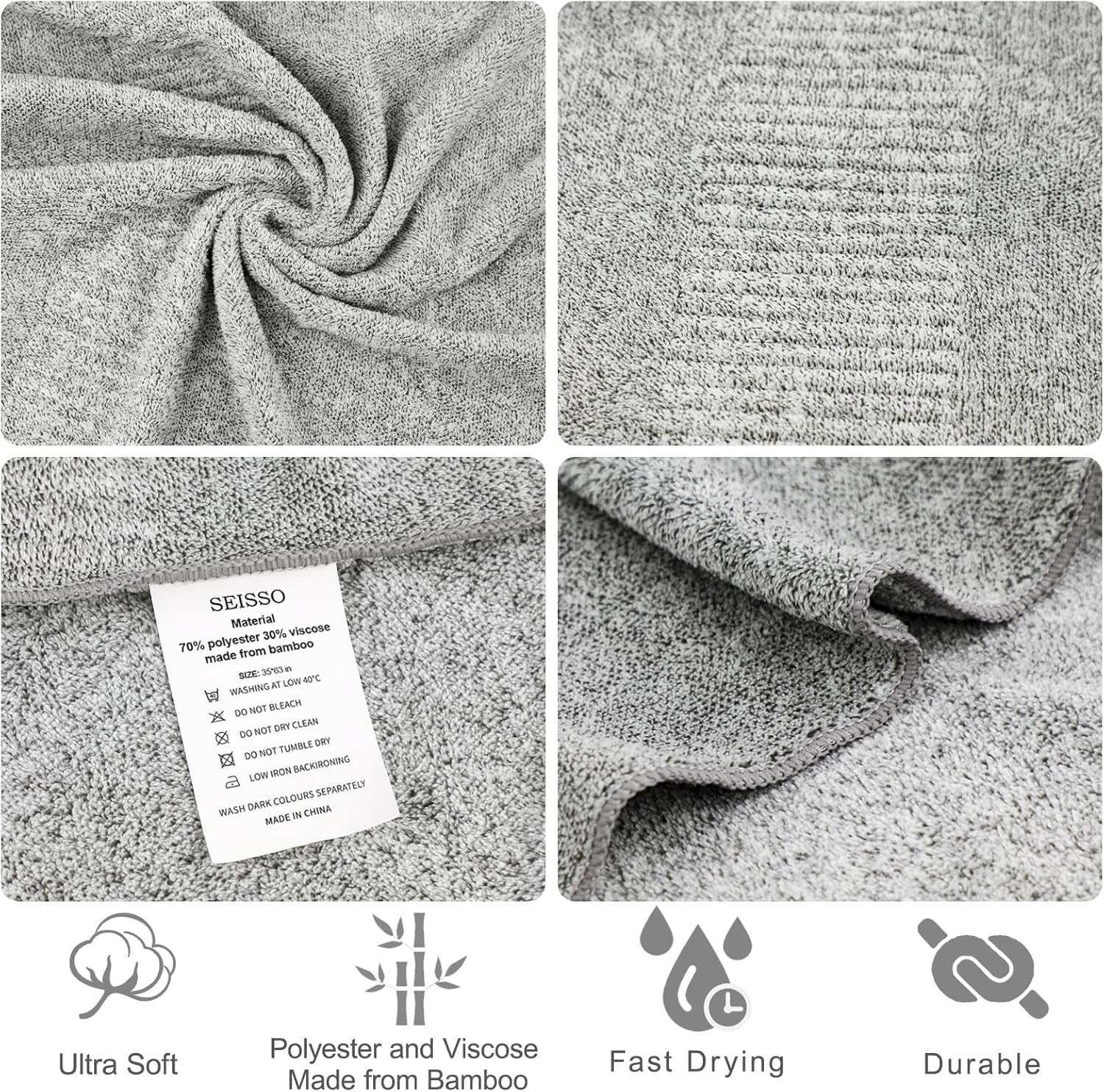 SEISSO Bath Towels Set of 4, 88&times;160 CM Bath Sheet Super Absorbent & Lightweight Quick Drying Oversized Bath Towel for Beach, Travel, Gym, Sauna, Camp, Pool (Grey) - Grey image number 5