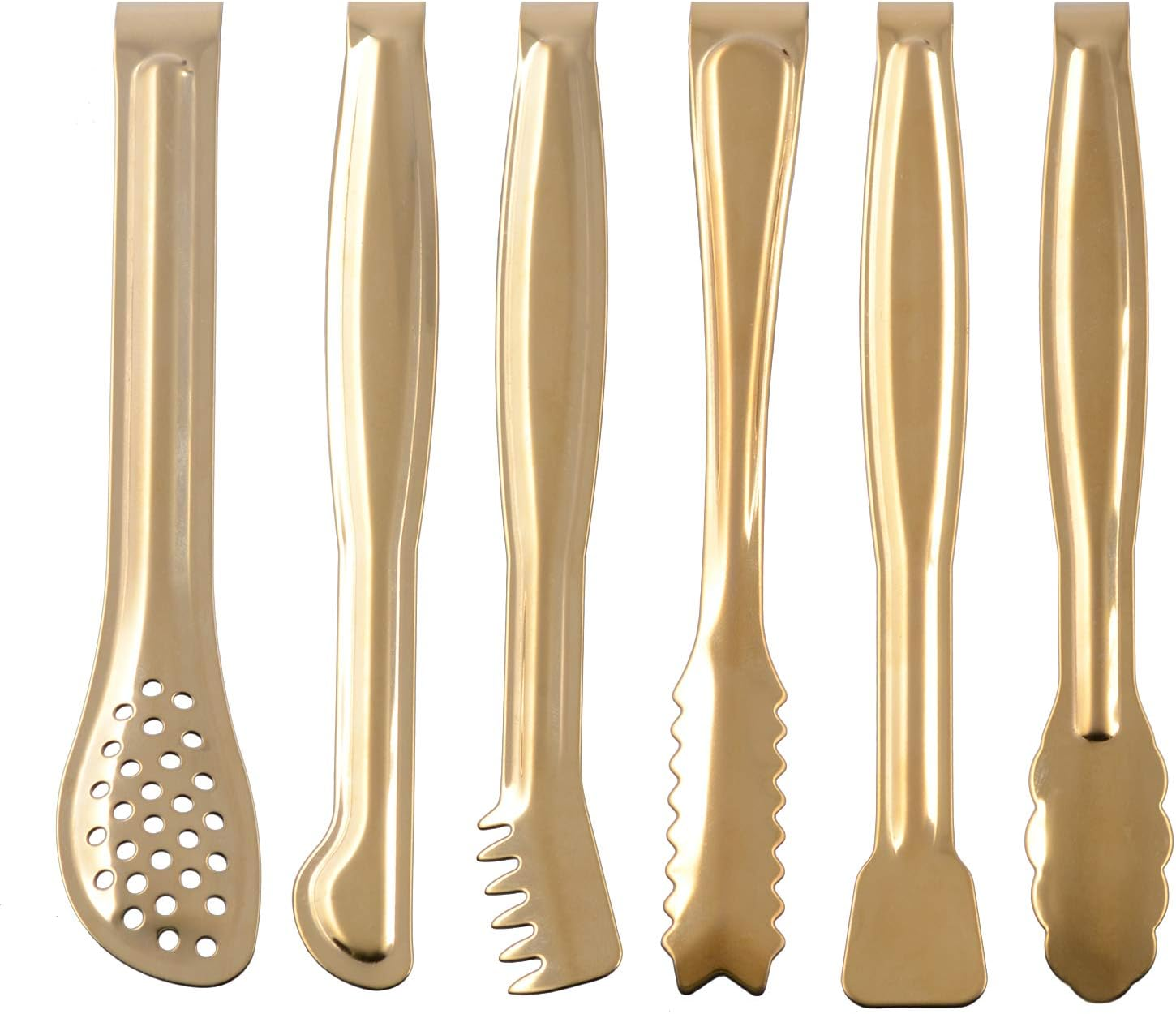 Gold Plated Mini Serving Tongs Set 6-Inch Appetizers Tongs Stainless Steel Small Sugar Cube Tongs Ice Tongs, Set of 6 image number 1