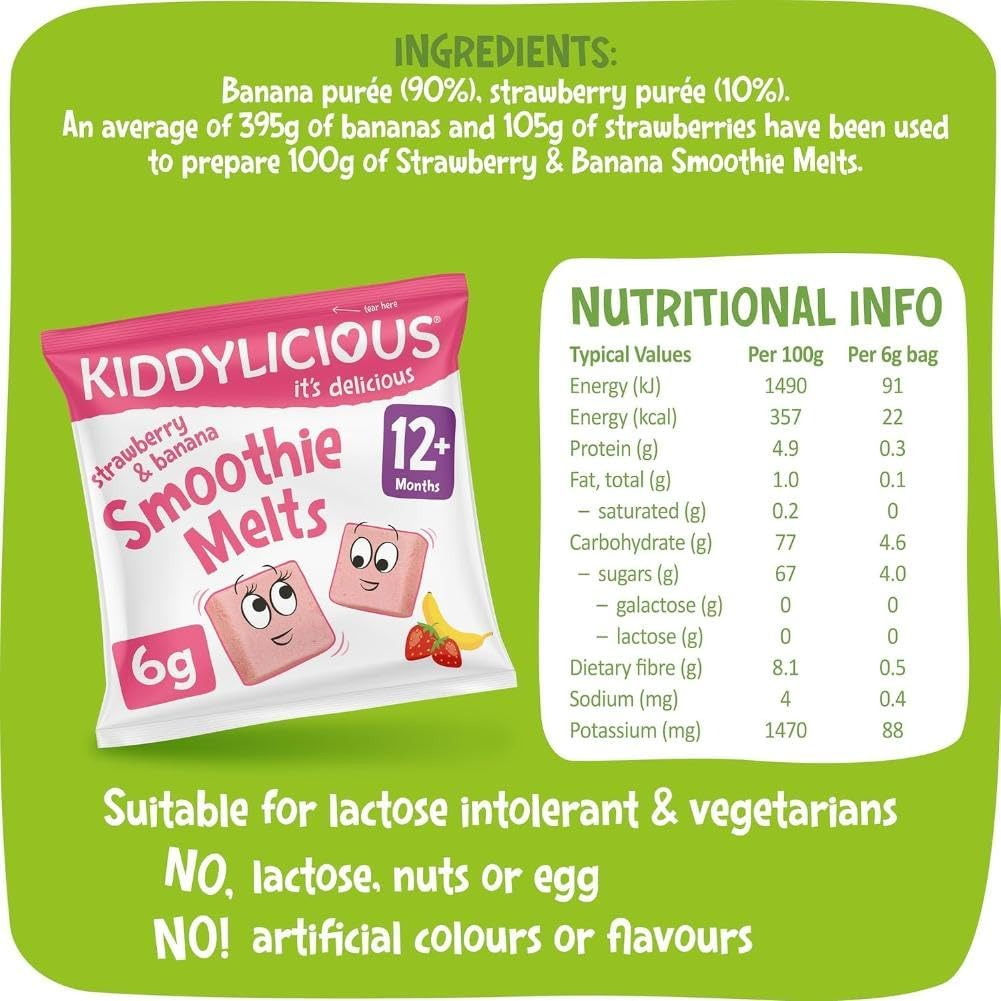 Kiddylicious - Smoothie Melts - Strawberry & Banana - 12+ Months - Real Fruit Kids Treat - 12G