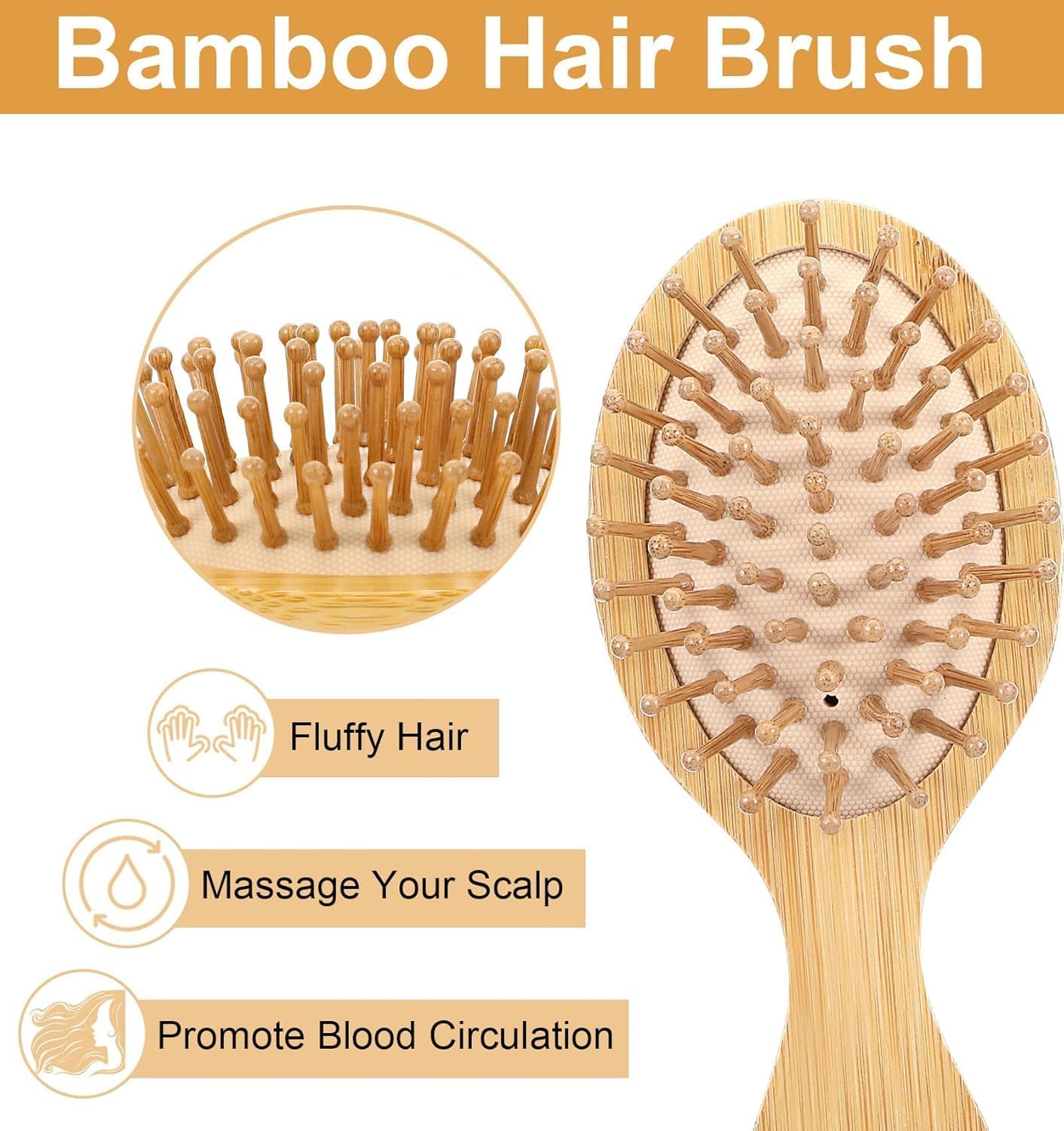 Mini Bamboo Brush, Wooden Brush for Hair Growth, Natural Bamboo Hairbrush with Cushion & Comfortable Handle for Travel, Small Wooden Hairbrush for Women Men All Hair Types (Log Color, One Size) image number 2