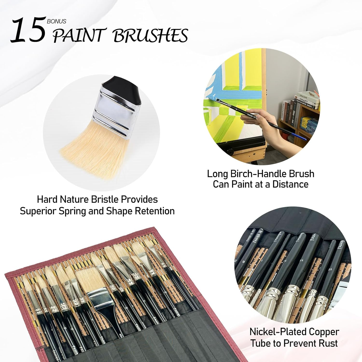 Natural Bristle Professional Paintbrushes Set | 15PCS Long Handled Paint Brushes for Acrylic Painting | Oil Paint Brushes of Fan, Round, Flat, Angled, Filbert, and Chip Tips with Bamboo Storage Pouch image number 1