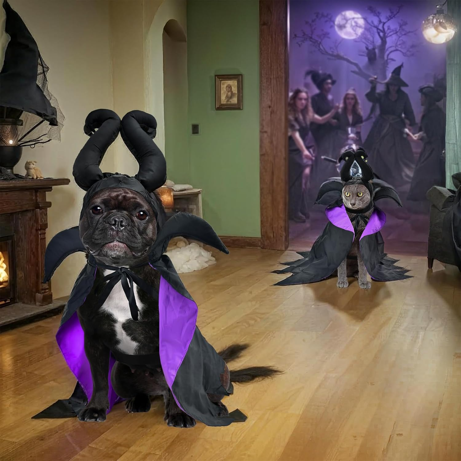 Shurung Puppy Halloween Witch Shaped Costume Cat Purple Vampire Cape Puppy Wizard Devil Horns Hat Pet Holiday Outfit for Cat Small Dog image number 1