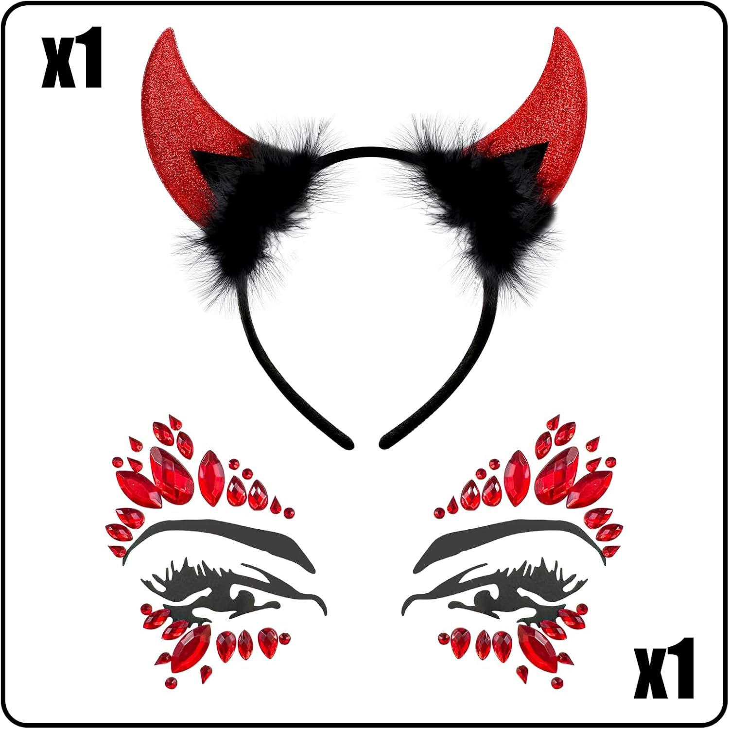 NHTJTHE Devil Horns Headband with Glitter Stones Face, 1 Piece Red Devil Horn Hair Band + 1 Piece Red Shiny Face, Face Tattoo Halloween Cosplay Festivals Birthday Parties
