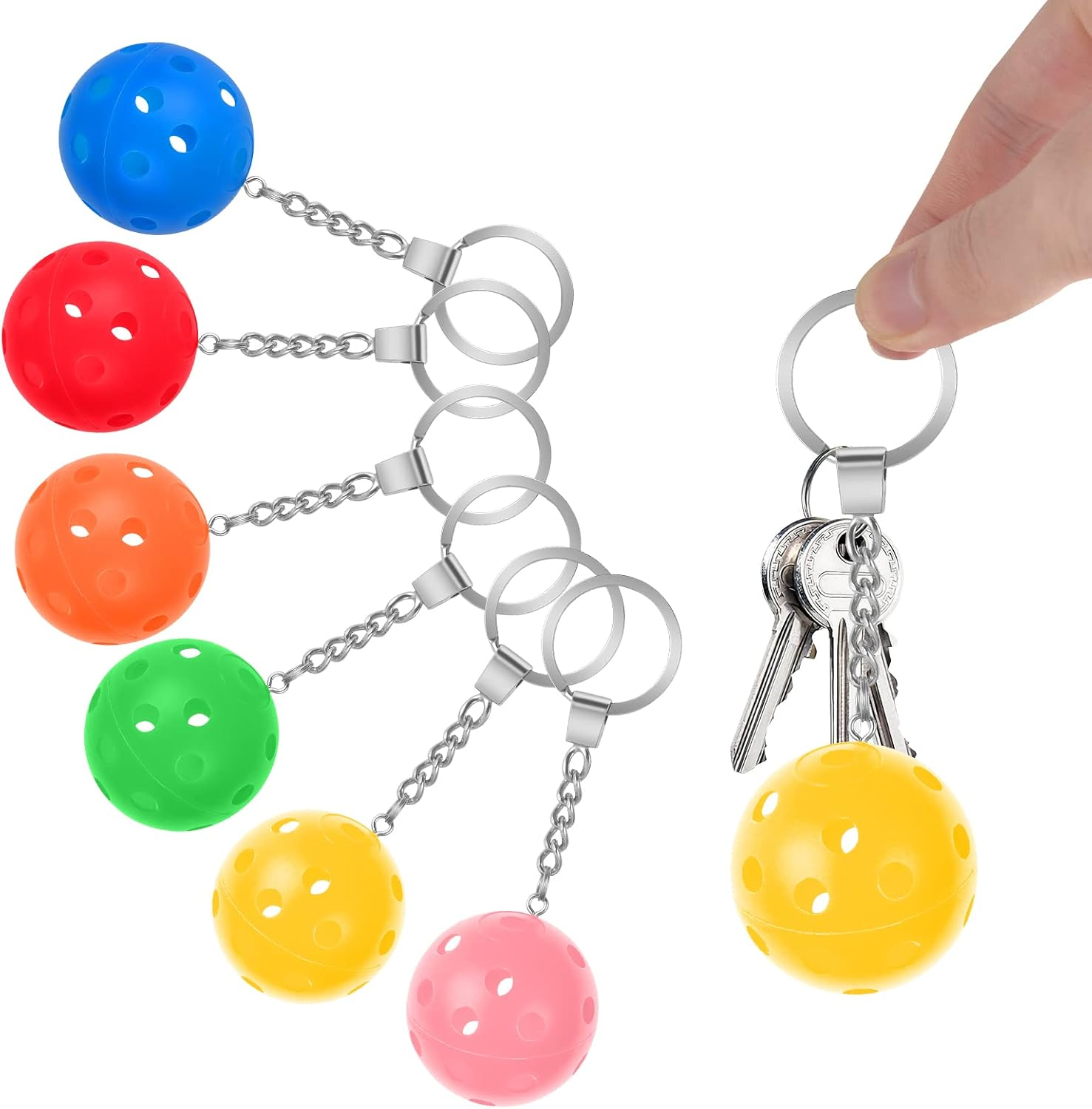 DLUGOPIS 6Pcs Gifts for Pickleball Lovers Pickleball Ornament Pickleball Keychain Pickleball Keychains Bulk Mini Pickleball Keychain for Keychains Luggage Tags Sports Bag, One Red, Yellow, Blue, Green Orange and Pink Each, 4.72 Inches image number 5