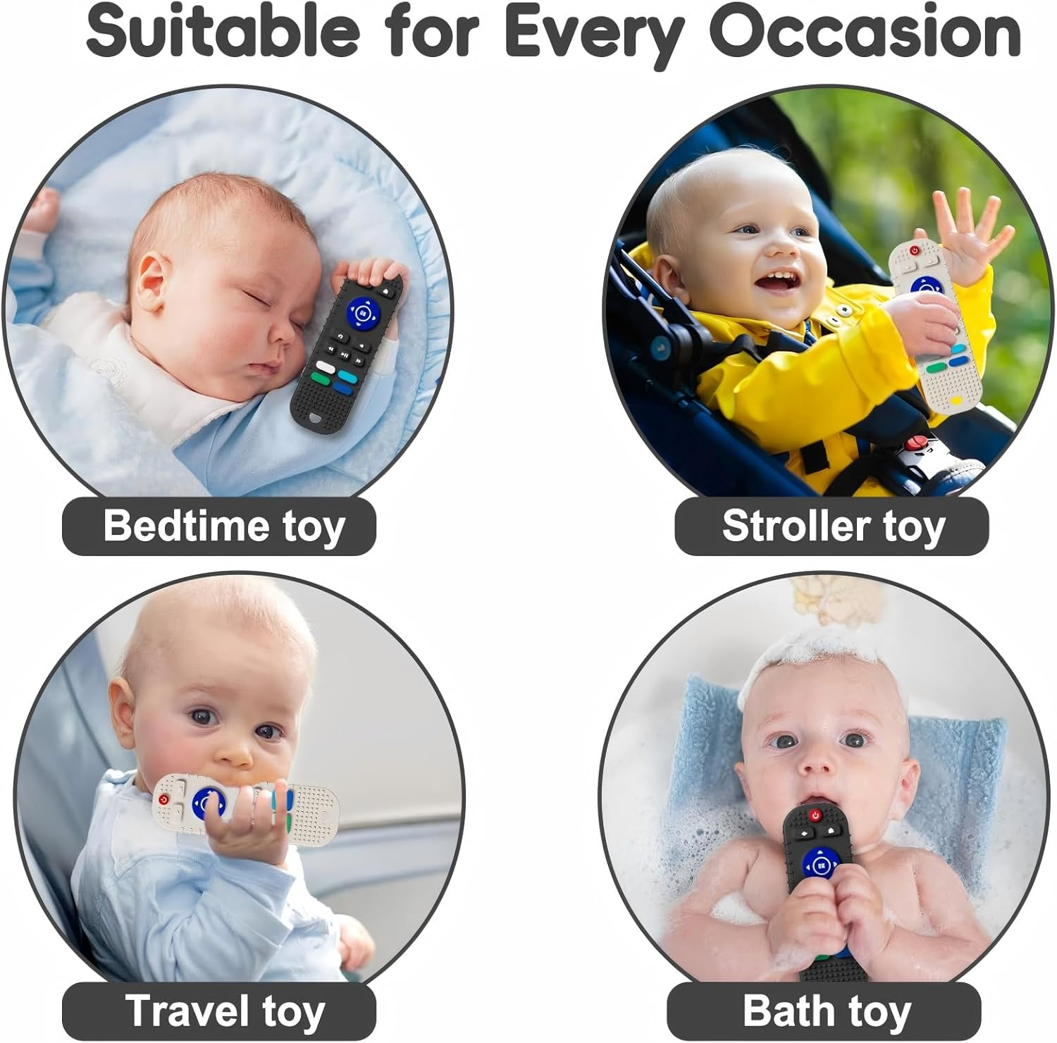 2 Pack Soft Silicone Teething Toys for Toddlers, Babies 0 3 6 9 12 18 Months - Boys Baby Molar Teether Chew Toys Set Gift, TV Remote Control(Black + Grey) image number 4