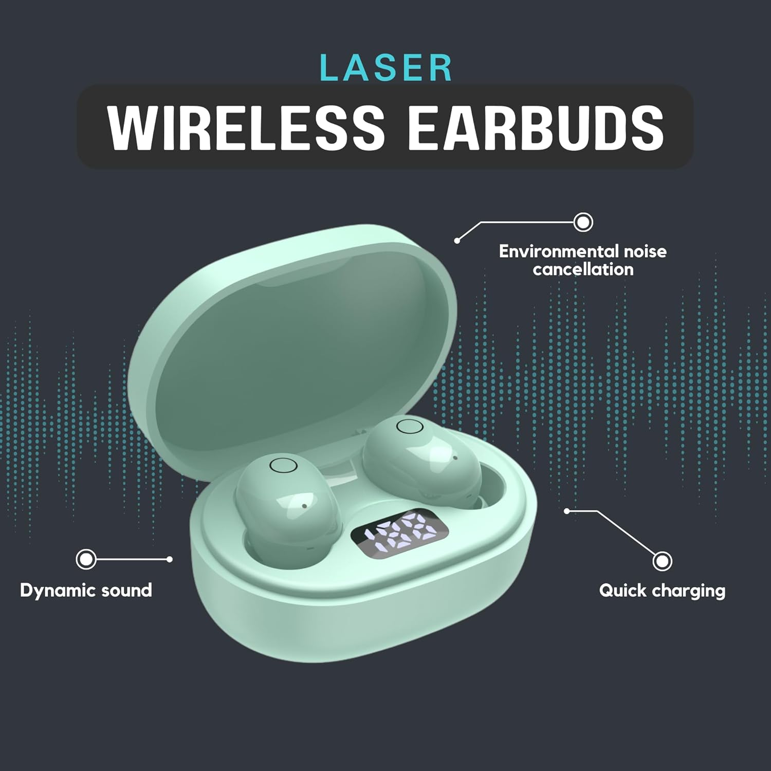Laser TWS Mini Earbuds with ENC and LED Display Aqua, Wireless, Bluetooth, Charging Case, Battery Level Display