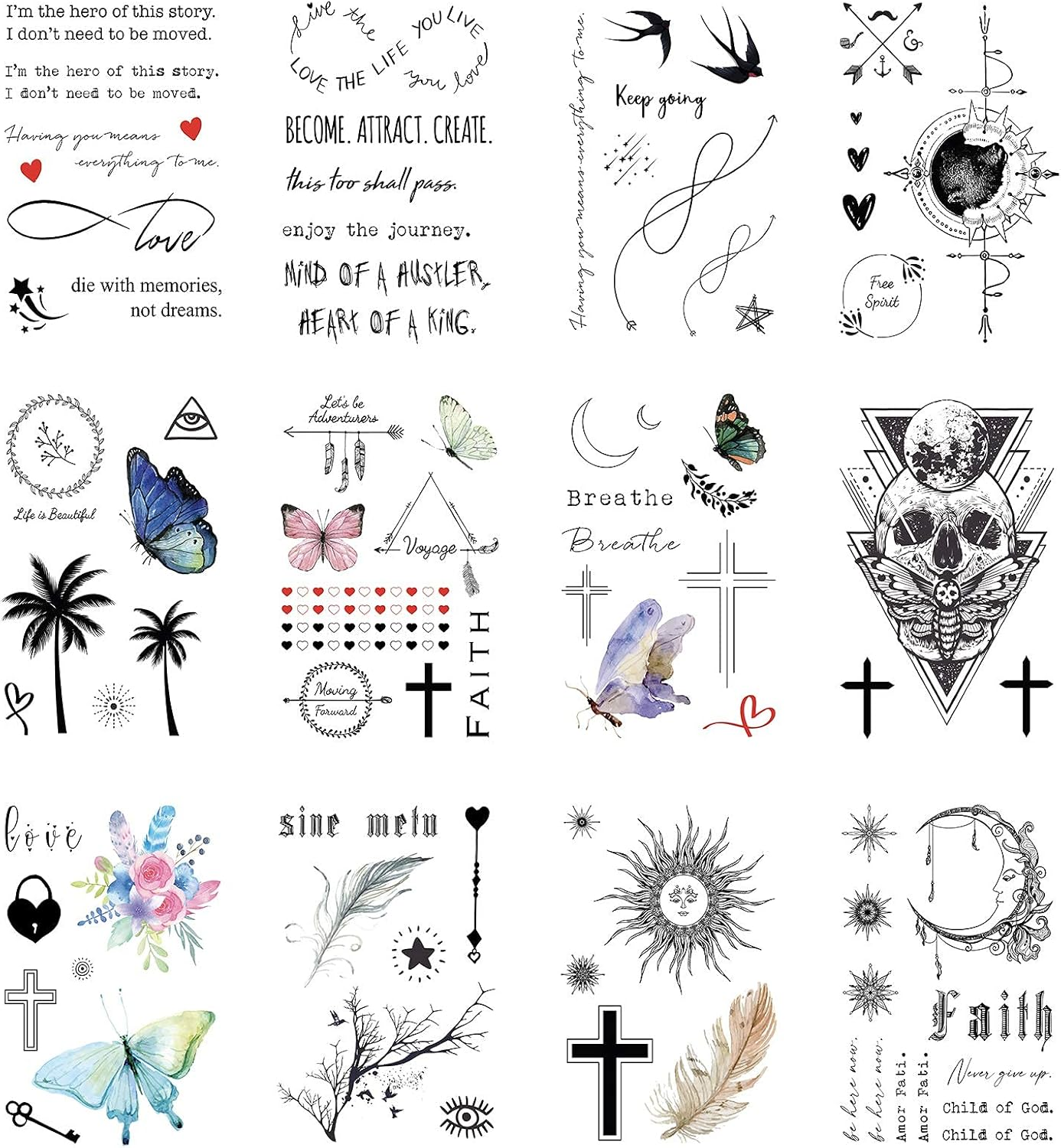 Everjoy Bohemian-Inspired Realistic Temporary Tattoos for Women and Men - Waterproof, Long-Lasting, and Meaningful Tattoo Designs Including Butterfly, Moon, Sun, Love, Letters and Words image number 6