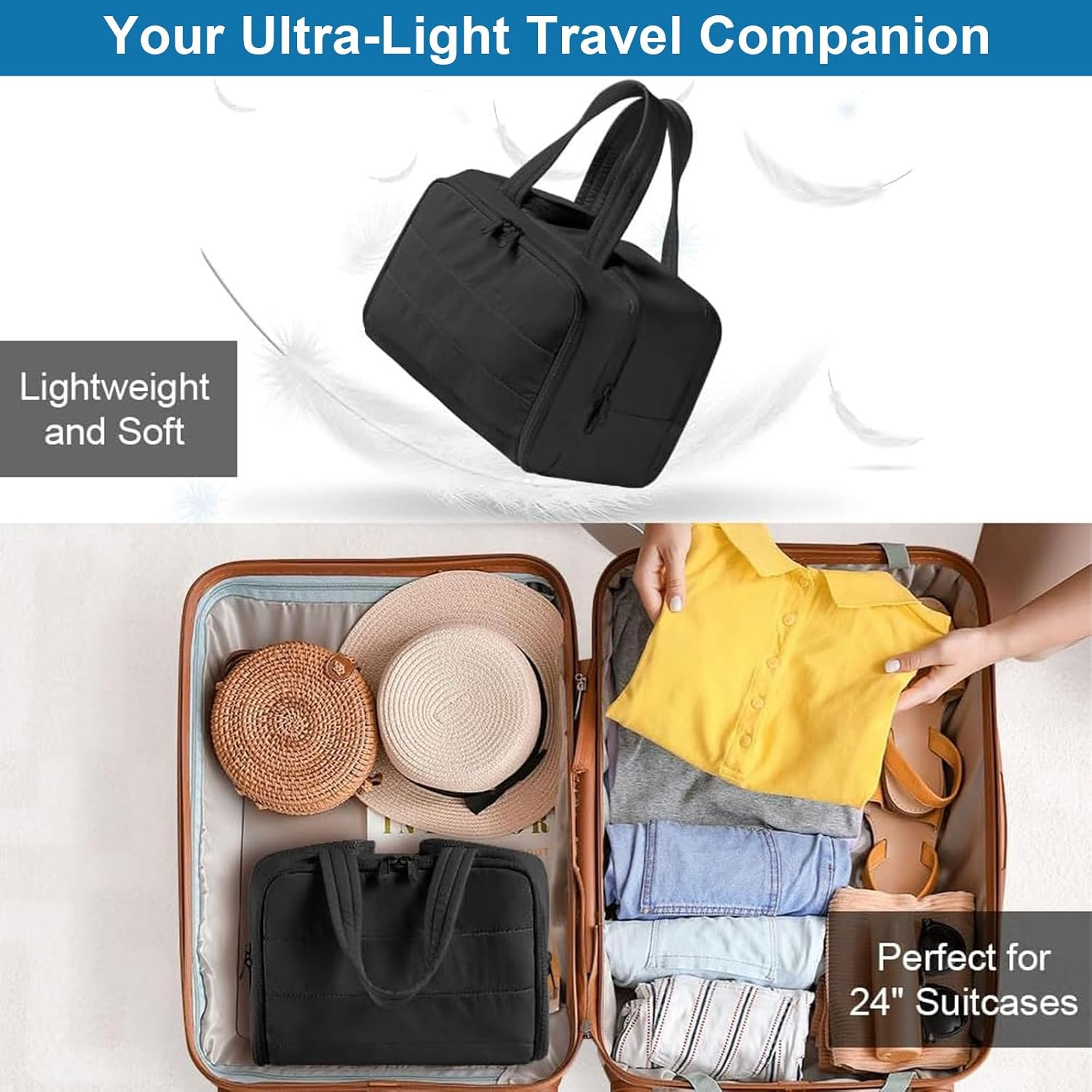 Travel Toiletry Bag, Puff Large Capacity Lightweight Wide-Open Travel Cosmetic Bag, 4 in 1 Multi-Functional Bag for Women, Waterproof Portable with Divider & Handle, Dry and Wet Separation (Black) image number 3