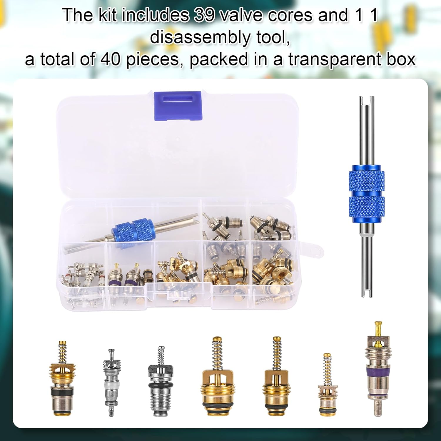 40Pcs AC Valve Core Kit, Car Air Conditioner Valve Core Accessories A/C R12 R134A Refrigeration Valve Core with Double-Head Disassembly and Installation Remover Tool AC Valve Kit for Most Cars image number 1