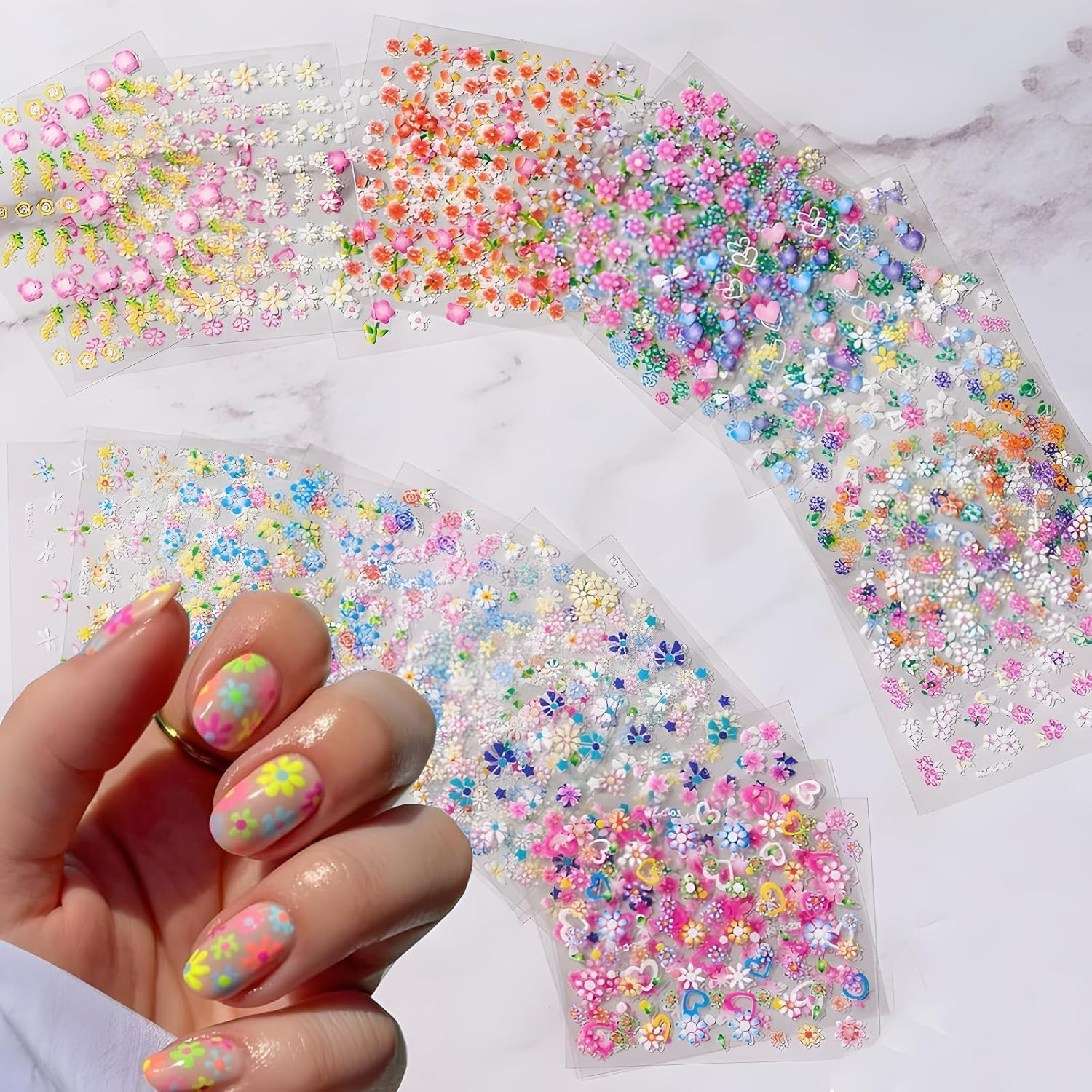 YJSPARKK 30 Sheets Flower Nail Art Stickers,3D Colorful Daisy Floral Heart Self-Adhesive Nail Decals,For Kids Girls Women Manicure DIY image number 3