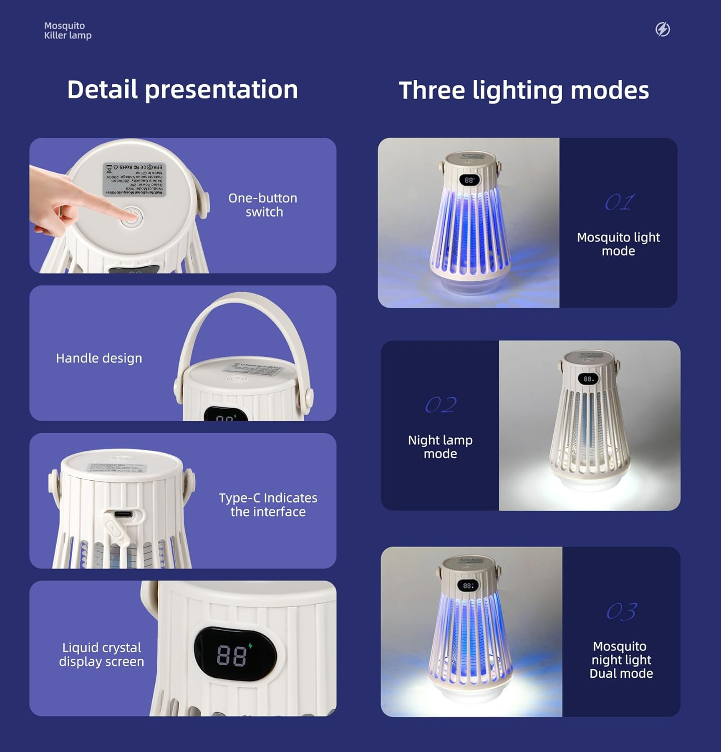 Yakiter Bug Zapper,Electric Fly Killer Mosquito Zapper Waterproof, Portable Outdoor & Indoor Insect Killer for Home, Patio, Backyard, Camping image number 2