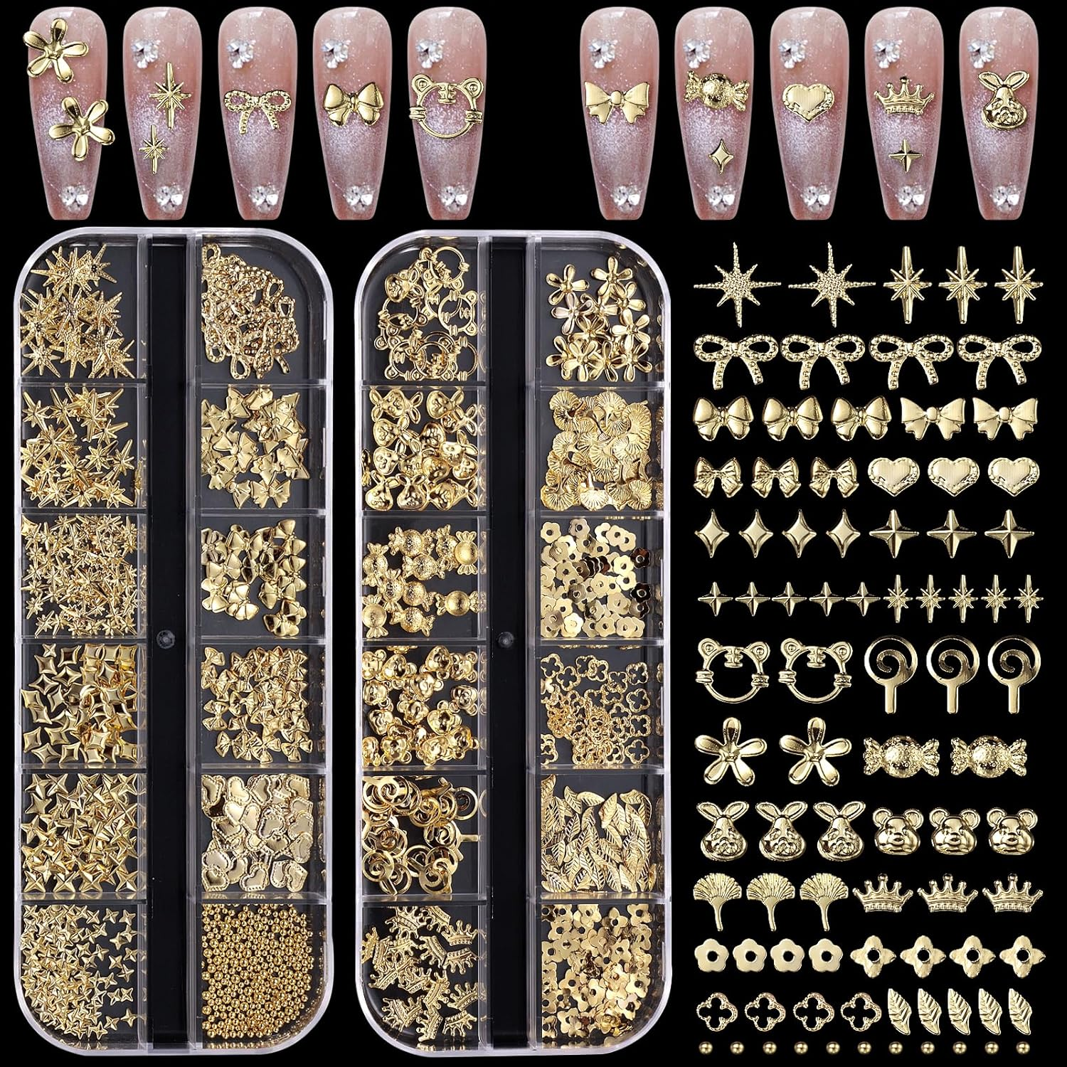 Cynailli 2 Boxes 3D Gold Nail Charms, Assorted Heart Star Flower Rabbit Animal Candy Cross Star Shapes, Luxury Metal Nail Art Accessory image number 3