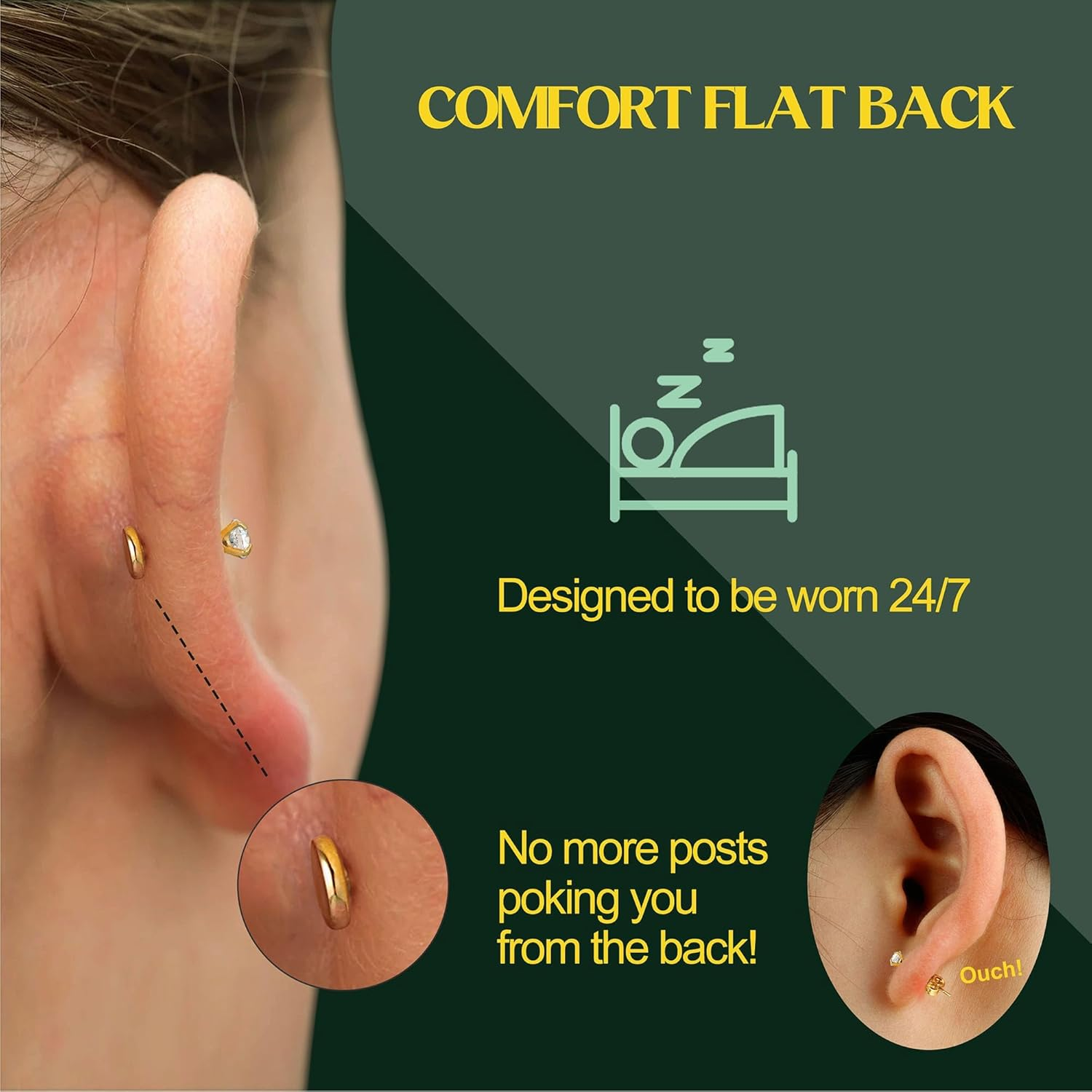Kakonia Flat Back Earrings Studs - 14K Gold Filled Internal Thread 18G 16G Piercing Jewelry for Cartilage Helix Tragus Hypoallergenic Labret Lip Conch Nose 316L Stainless Steel Stud for Women Men