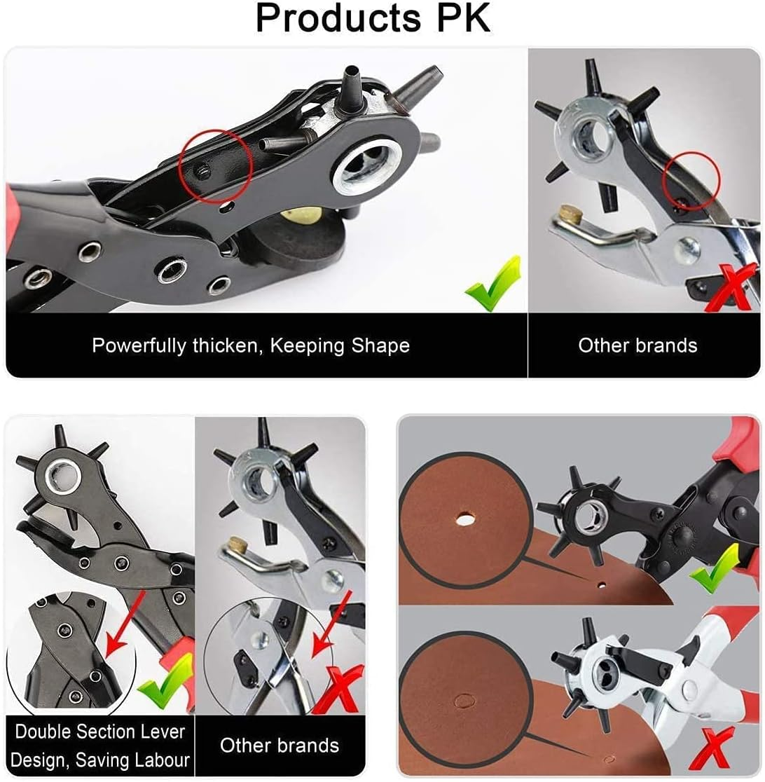 Leather Hole Punch Tool Set - Super Heavy Duty Rotary Puncher - Multi Hole Sizes Maker Tool, for Belts,Watch Bands, Traps,Dog Collars,Saddles,Shoes,Fabric,Diy Home or Craft Projects (Black&Red) image number 4