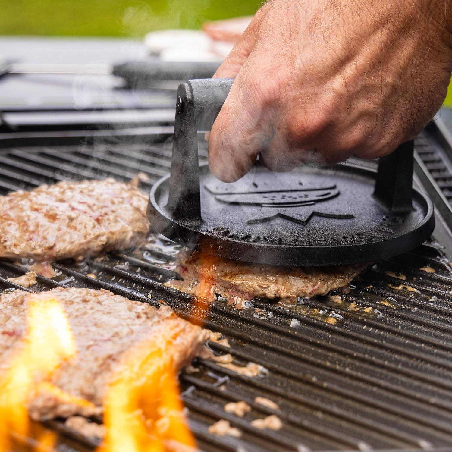 Premium Cast Iron Smash Burger Press Incl. 25 Pcs of Patty Paper, Burger Smasher for Griddle with Black Wood Handle, Perfect Hamburger Press, Meat Press, Bacon Press, Sandwich Press image number 5