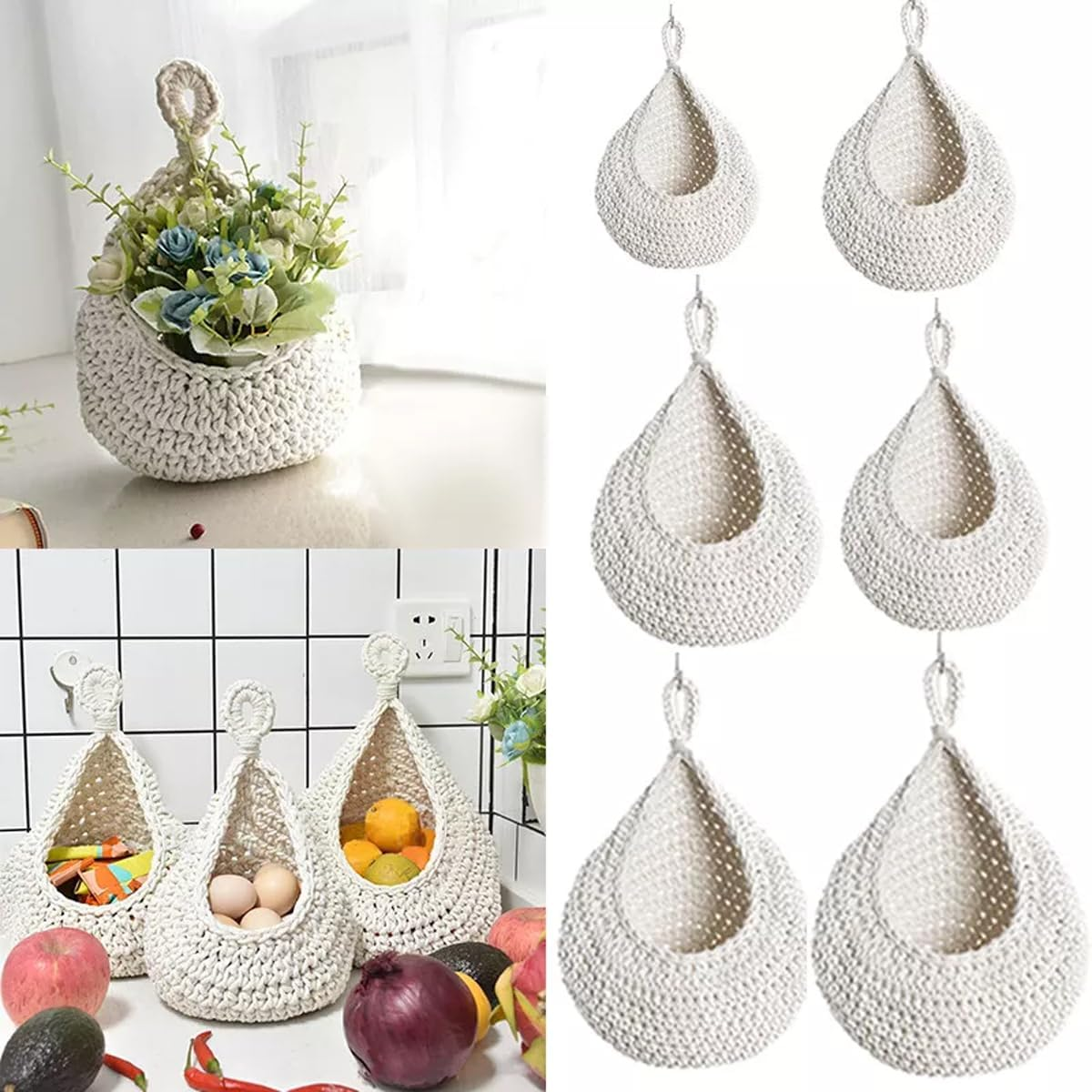AIMALL Handmade Cotton Rope Wall Hanging Fruit Basket Storage Net Pocket Waterdrop Shape for Kitchen and Home Organisation image number 5