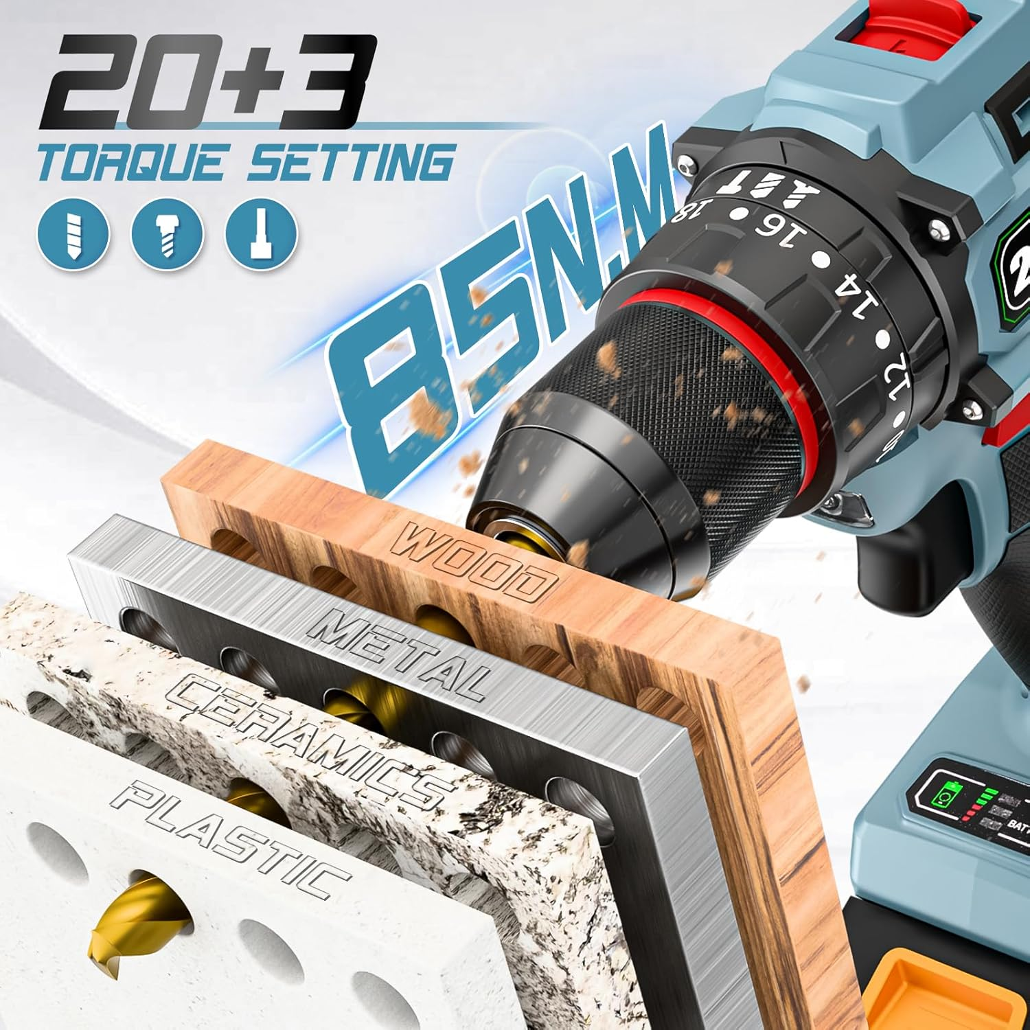 21V Cordless Drill, Brushless Power Drill Set with 2 Batteries and Charger,3/8-Inch Chuck Electric Drill Driver,20+3 Torque Setting,32 Pcs Drill/Driver Bits and Tool Set image number 2