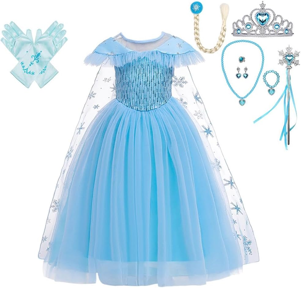 Dressy Daisy Little Toddler Kids Girls Snow Queen Ice Princess Dress up Costumes with Cape Train Halloween Christmas Fancy Party Size 2 to 10, Blue
