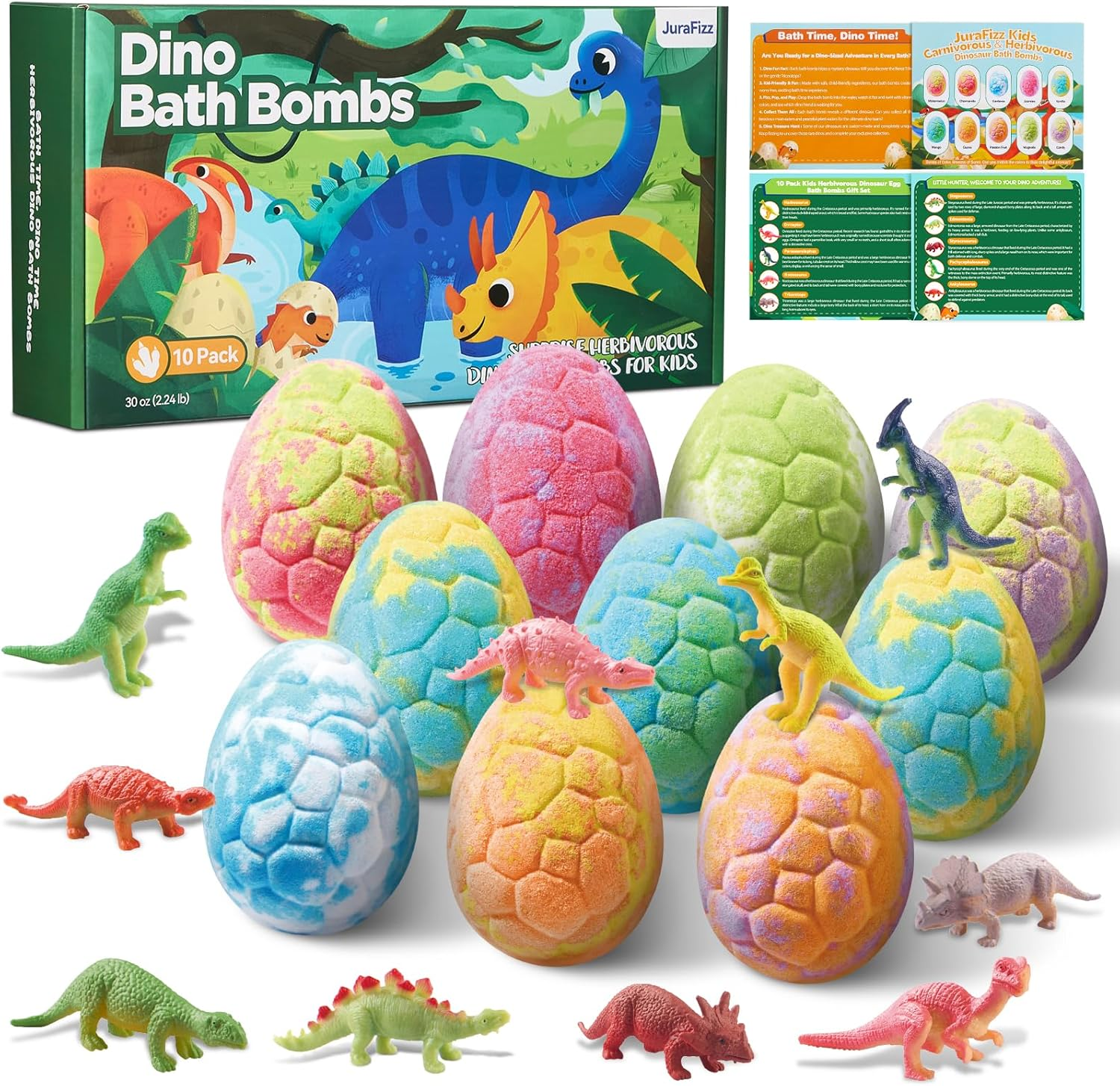 Dinosaur Bath Bombs for Kids with Surprise Inside, 10 Pack Natural Dino Egg Bath Bombs with Exclusive Herbivorous Dinosaur Toys, Fun Bath Gifts for Boys, Girls image number 4