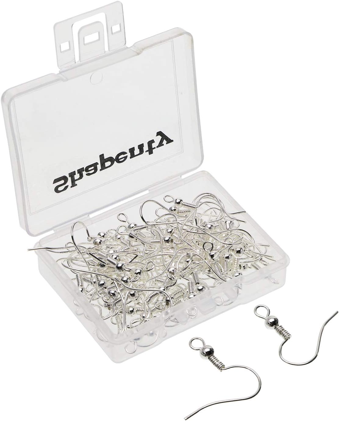 Shapenty Surgical Brass Ball Coil Fish Earring Hooks Clasp Hypo-Allergenic Ear Wire Bead Connector Hooks with Large Loop for DIY Jewelry Finding Making, 100Pcs/50Pairs Silver