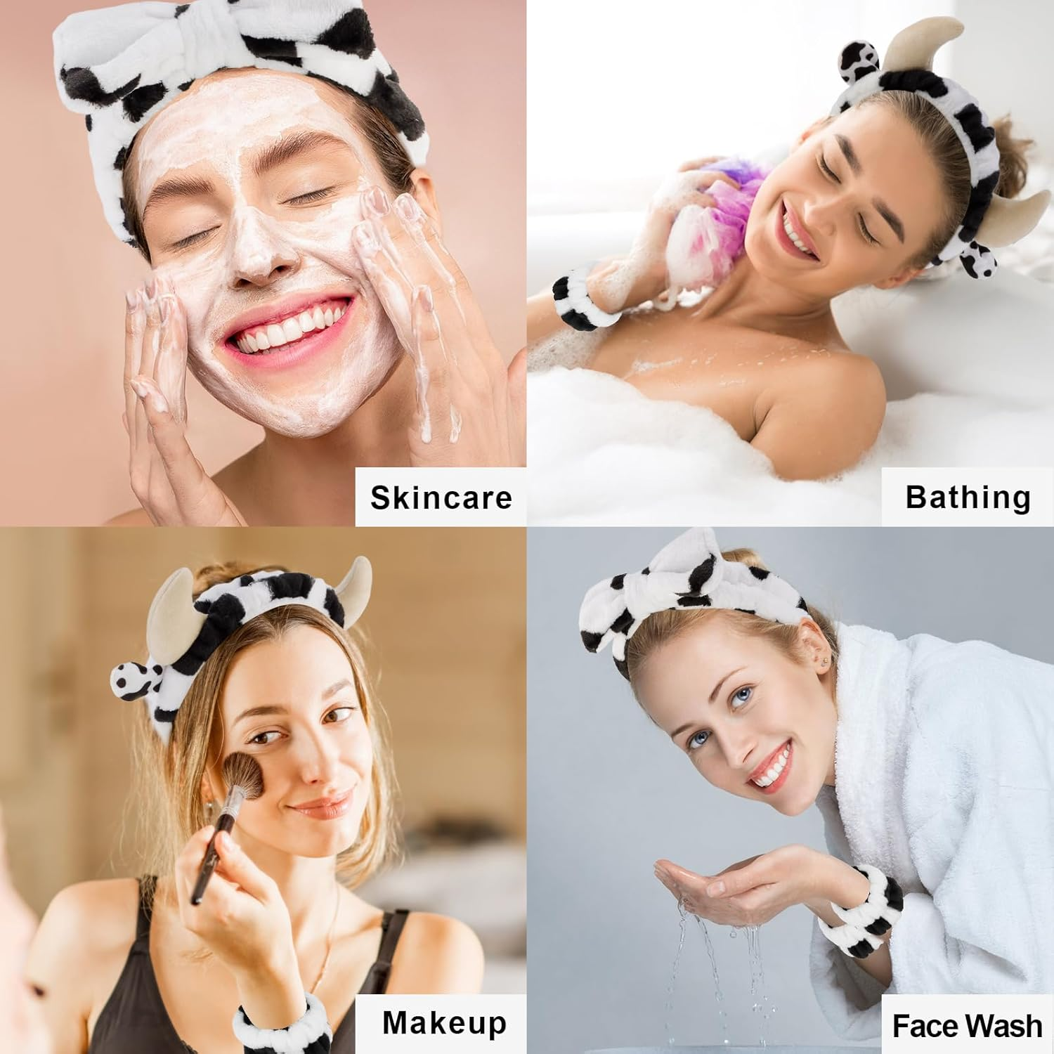 Canitor Cow Print Spa Headband and Wrist Bands Kit for Washing Face Soft Makeup Headband Cute Cow Ears Skincare Headband Wristband Set Stuff Gifts for Women Girls - 02-Bear image number 2