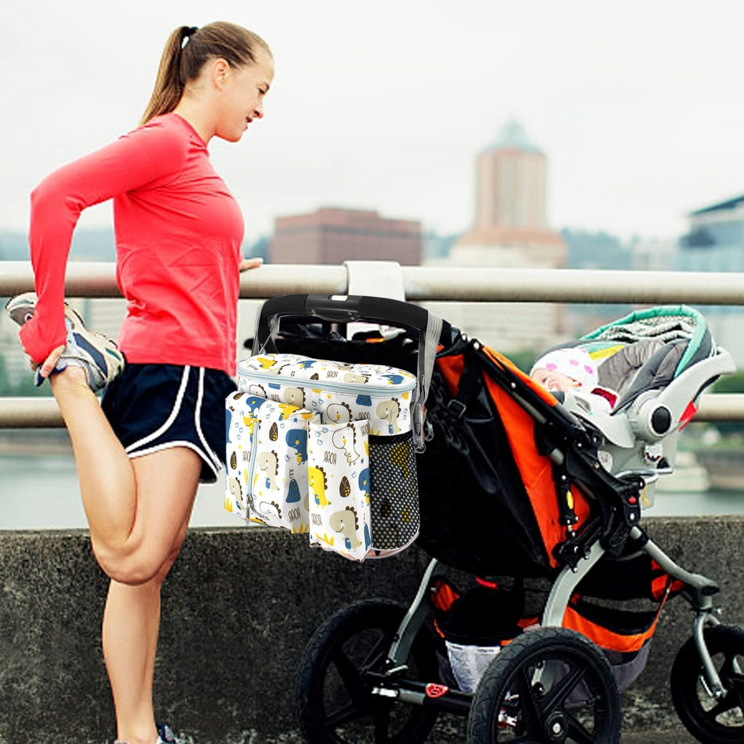 Baby Stroller Hanging Organiser Bag 12.2X7.8X5.9In Large Capacity Universal Waterproof Multi Pocket Diaper Storage with Tissue Dispenser Compact Design Universal Fit for Prams & Buggie(Dinosaur) image number 2