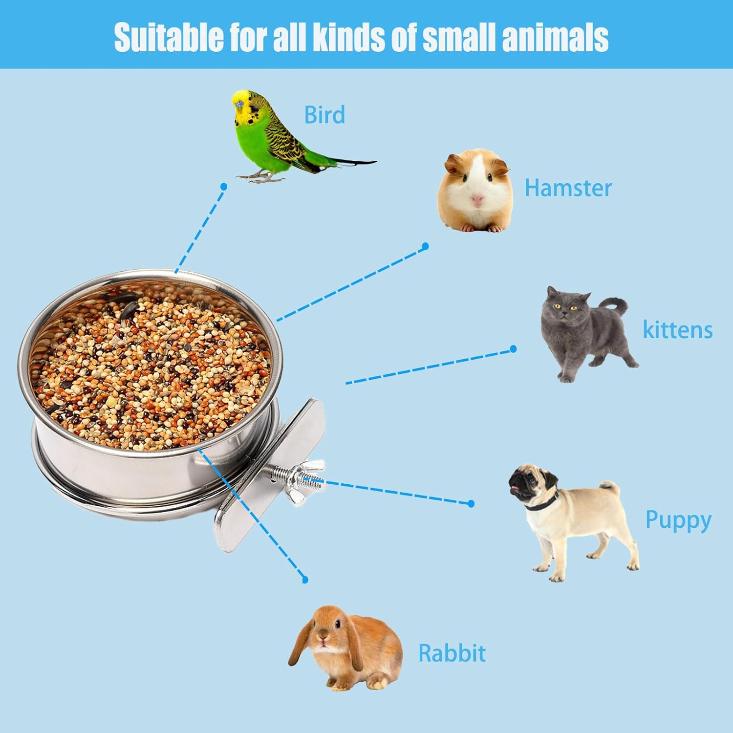 Stainless Steel Bird Feeding Dish Cups, 3Pcs Feeding Cups, Parrot Food Water Bowls with Clamp Holder, Bird Dishes for Parrot Cockatiel, Budgies, Small Animal, Chinchilla image number 1