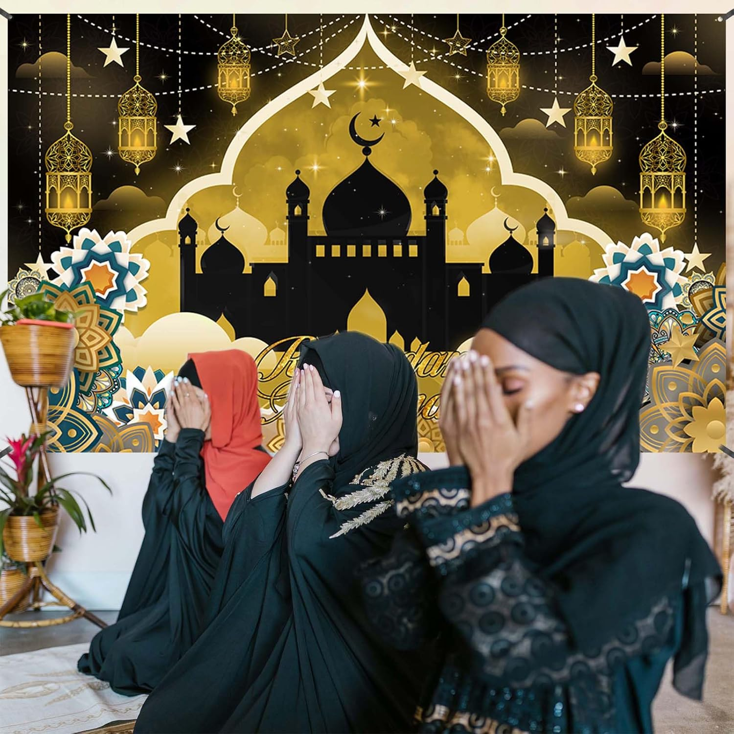 Ramadan Mubarak Banner, Extra Large Fabric Eid Kareem Background for Decorations, 72 X 44 Inch Star Moon Lanterns Castles Photo Booth Background for Islamic Muslim Al-Fitr Party Supplies image number 5