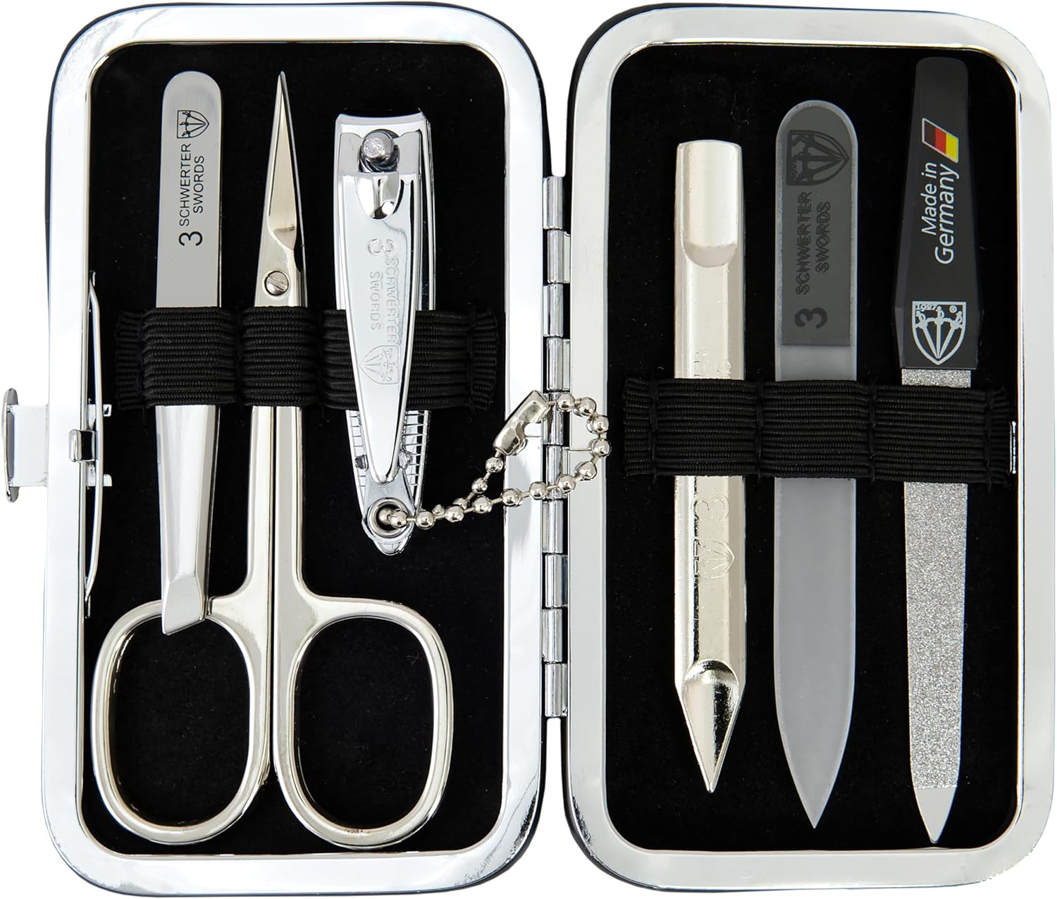 3 Swords Germany - Brand Quality 6 Piece Manicure Pedicure Grooming Kit Set - Scissors, Metal and Glass Nail File, Clipper, Tweezers with Synthetic Leather Case - White/Black Tools