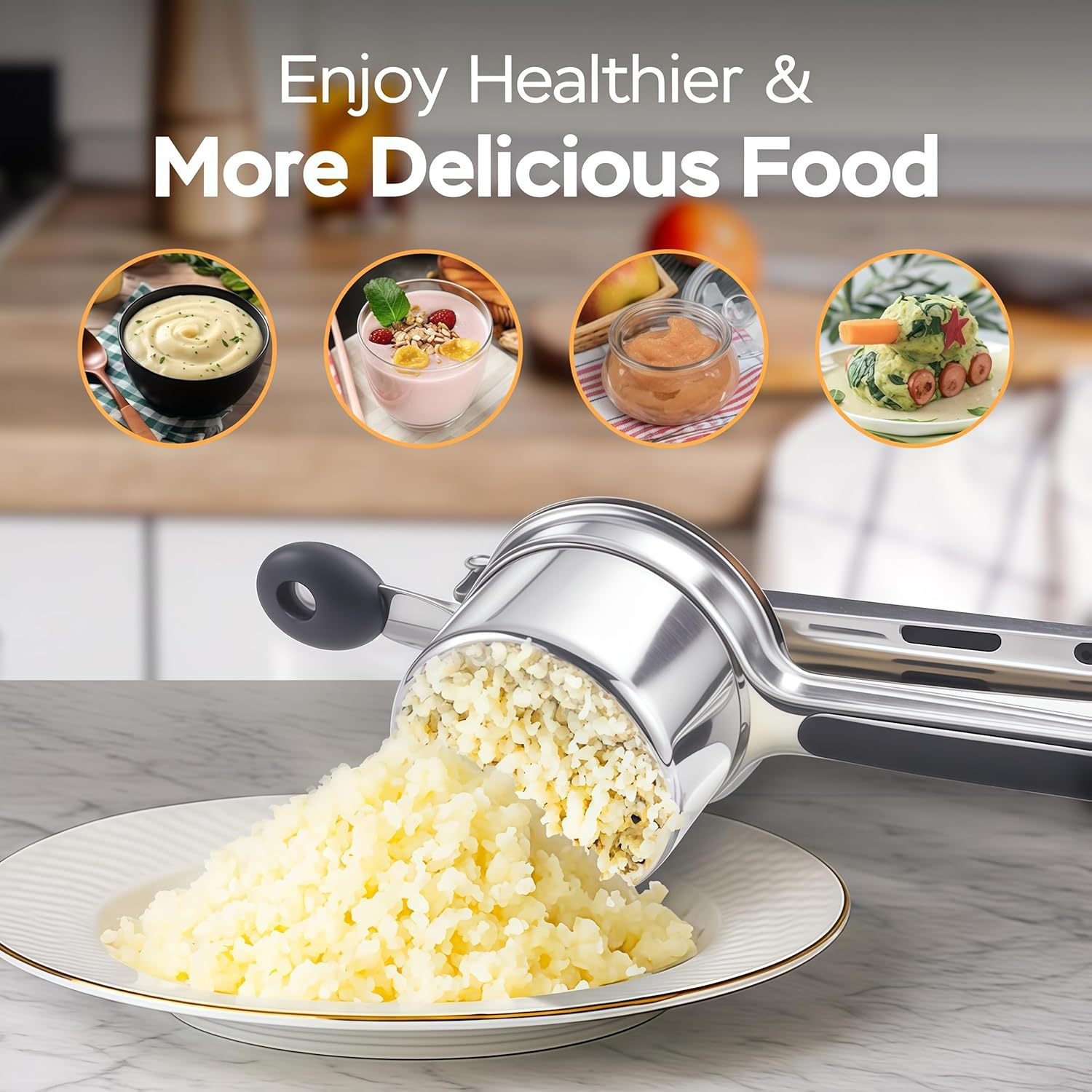 Potato Ricer, Stainless Steel Paotato Masher, Heavy Duty Ricer with Silicone Handle, Pkitchen Tool Potato Press Kitchen Gadget for Potatoes Vegetable Fruit,Juicer, Baby Food Press Squeezer (1) image number 4
