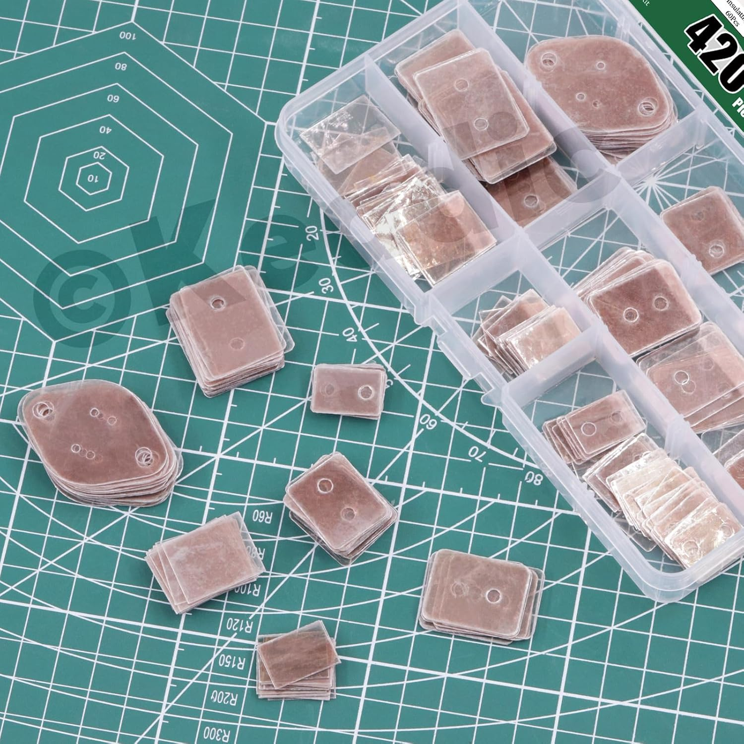 Keadic 420Pcs 7 Style Mica Insulating Sheet Assortment Set, TO-220, TO-3P, TO-3P11, TO-3PL, To-3 Transistor Insulator Pads Thermal Insulation Repair Parts for Lighting Electronics image number 2