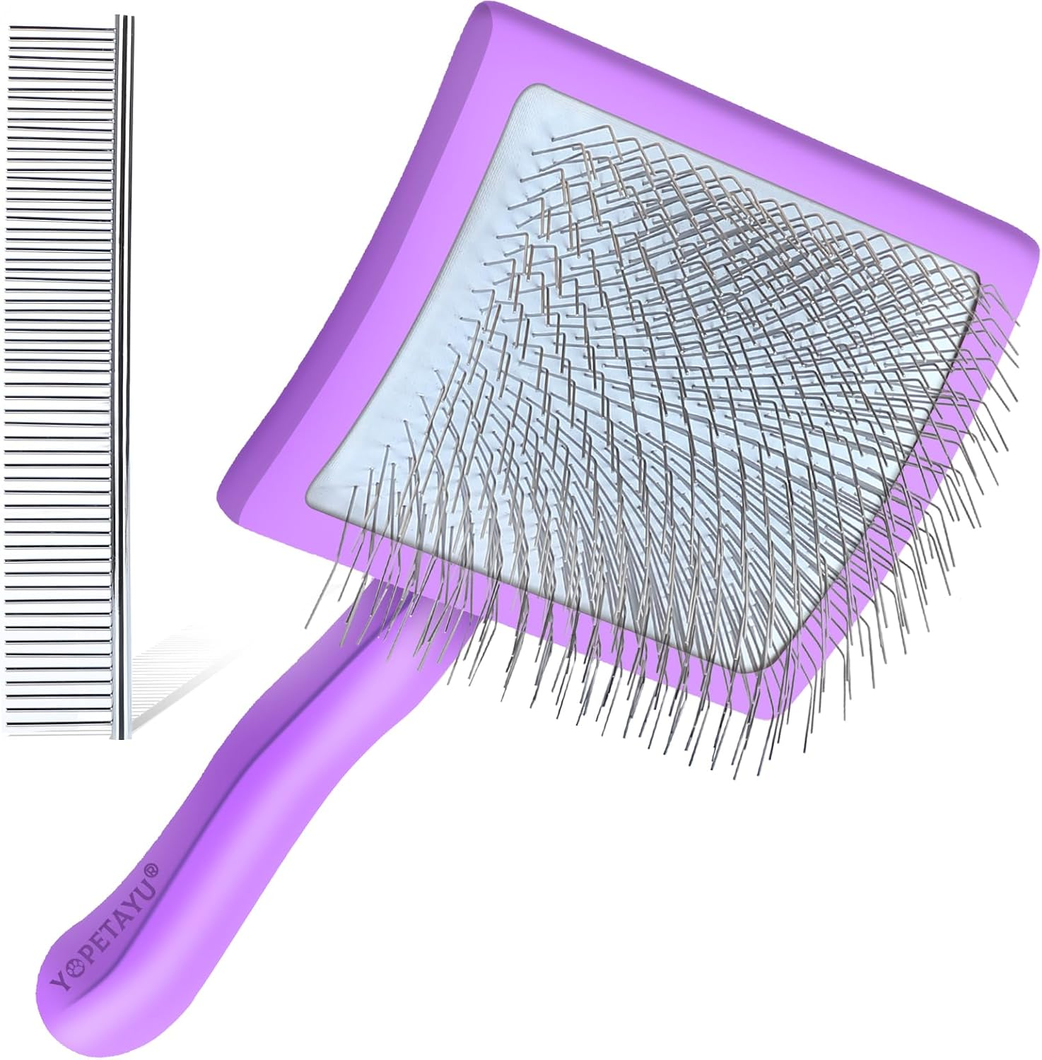 YOPETAYU Dog Slicker Brush for Shedding and Grooming Medium or Long Haired Cats, Extra Long & Soft Pin Slicker Brush for Removes Loose Hair, Tangles, Knots, Undercoat, Free Pet Comb, Large Purple image number 4