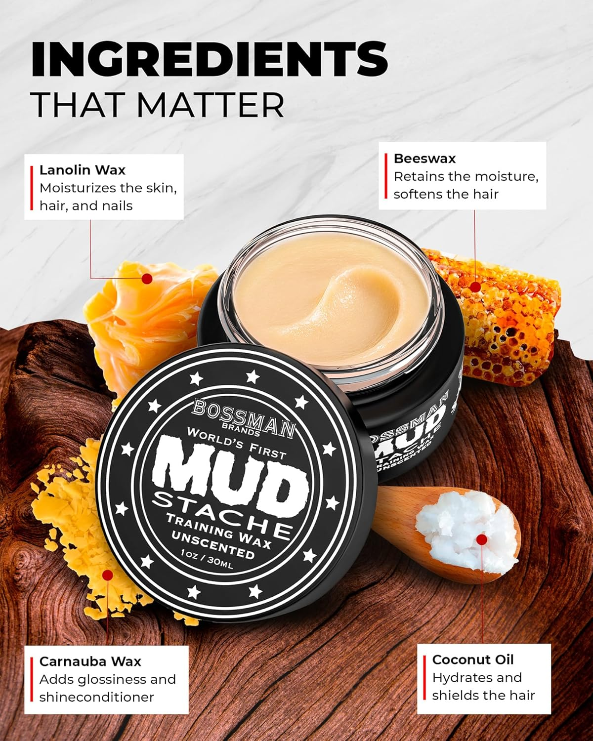(Naked) - Bossman Mudstache NAKED - NO Colour Tint NO Scent Moustache Training Wax - .2220Ml image number 3