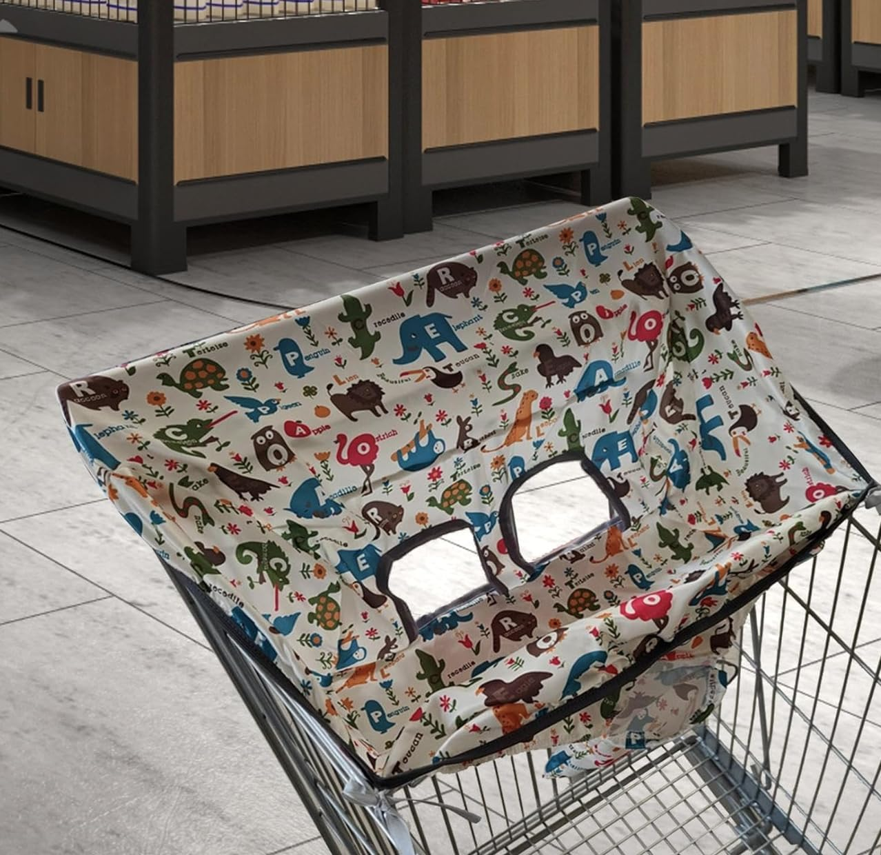 Shopping Cart Cover, High Chair Cover Seat, Grocery Cart Hammock, Portable 2-In-1 Design, Includes Free Carry Bag for Market and Resturant Use (Cute Zoo) - Zoo image number 2