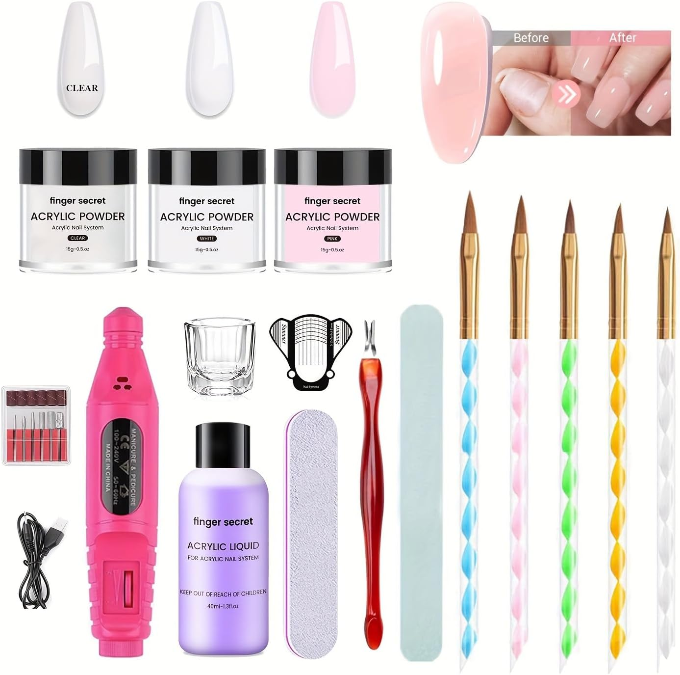 Finger Secret Basic Acrylic Nail Kit - 3 Colors Powder and Liquid Set with Manicure Tools for Nail Art DIY (A2)
