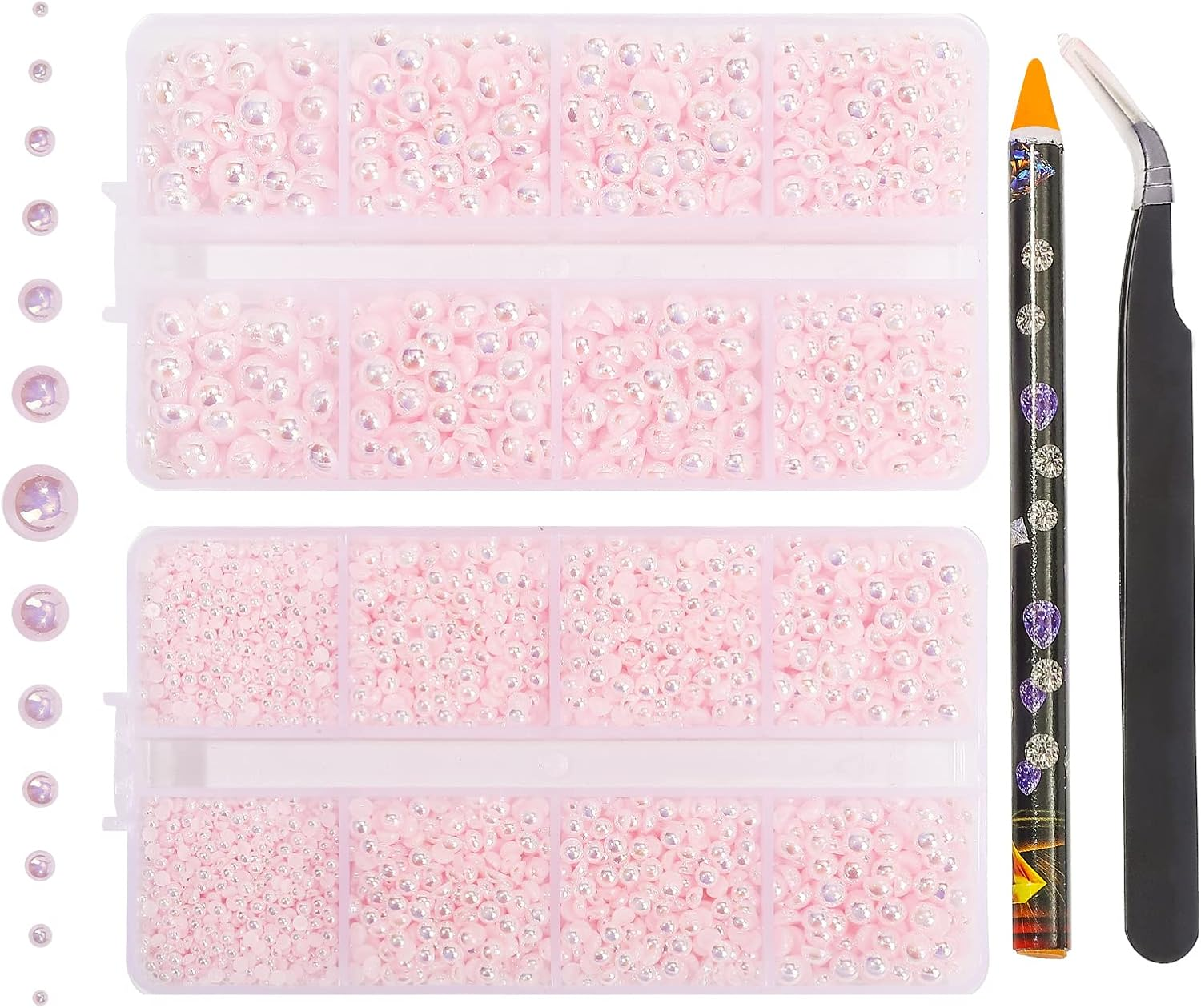 6540PCS Light Pink AB Resin Flat Back Pearls Rhinestones,Mixed Size 2/3/4/5/6/8/10Mm Half round Pearl Beads Nail Gems Rhinestone with Tweezers and Picker Pencil for Crafts Nail DIY Decoration - Black image number 2