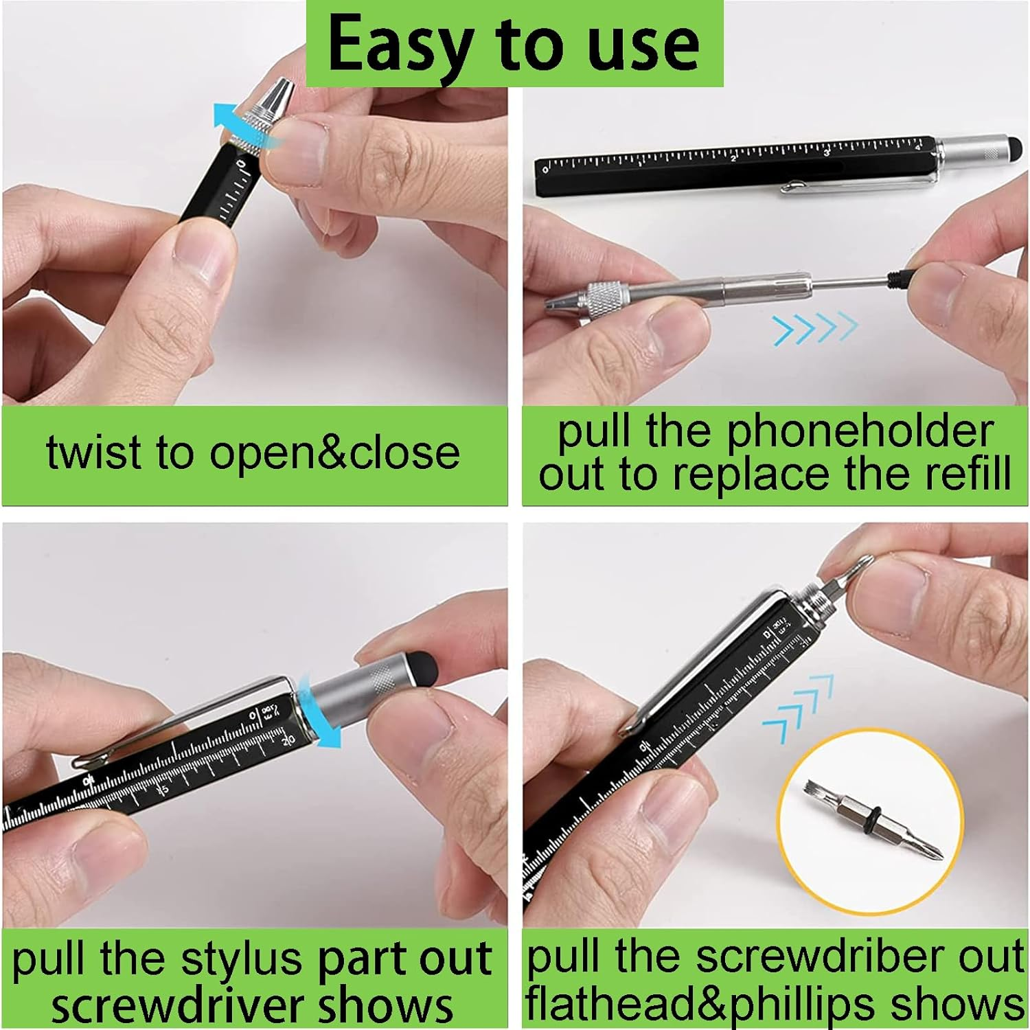 Zvorgath Multitool Pen Set - 6 in 1 Touchscreen Stylus, Ruler, Level, Screwdriver Set, Ballpoint Pen, Elegant Gifts for Men, Dad, Husband, Grandpa, Teacher (Black)