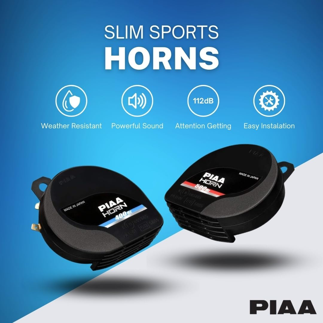 Piaa 85114 Slim Line 112Db 400Hz and 500Hz Twin Tone Sports Horn Kit for All Vehicles, Black image number 1