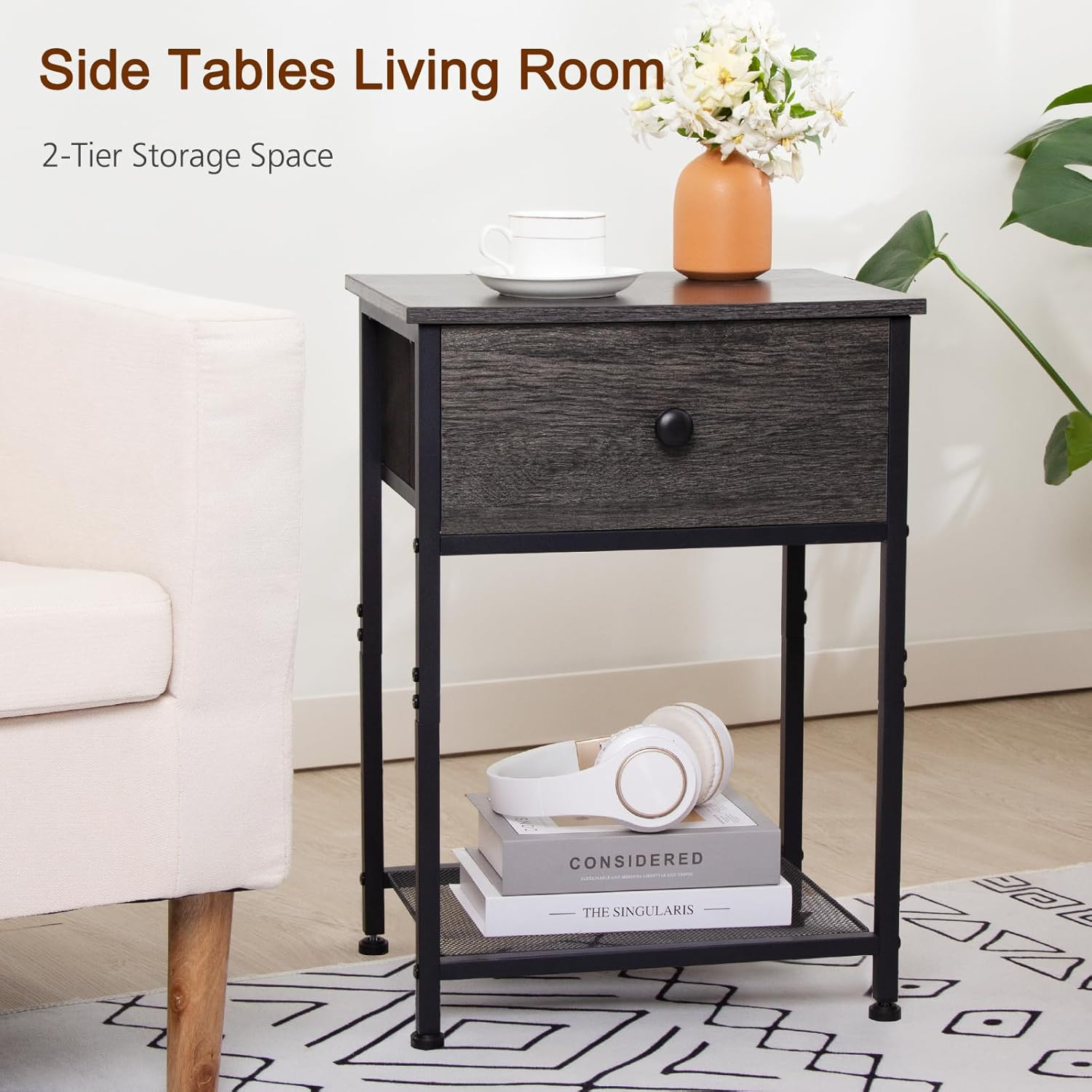 AMHANCIBLE Night Stand Set 2, Nightstand with Fabric Drawer, Industrial End Tables Living Room with Storage Shelf, Slim Bedside Table for Bedroom, Small Spaces, Rusic Brown, HET03SDDG