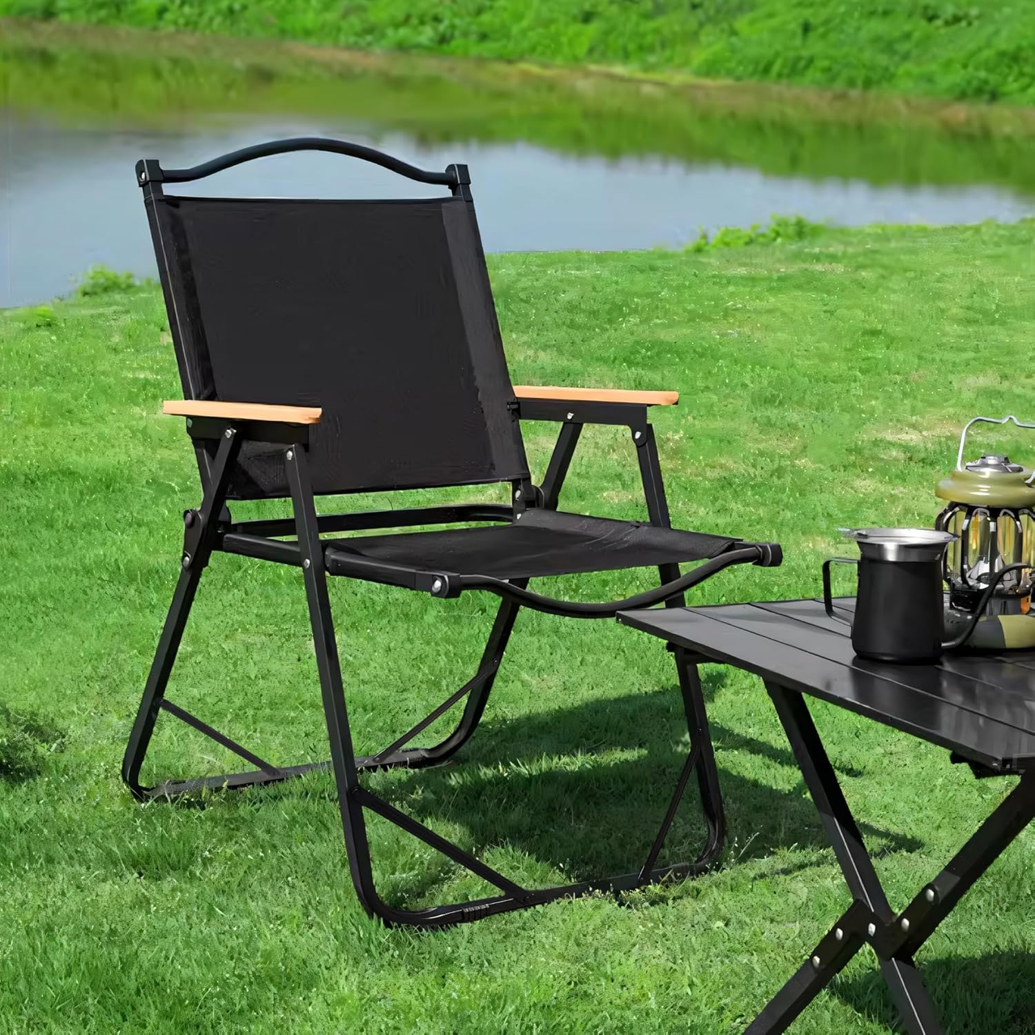Folding Camping Chair - Lightweight, Portable & Sturdy with Wooden Armrests - Durable Outdoor Chair Camp Seat for Adults, Beach, Picnic, and Patio (Black) - Black image number 6