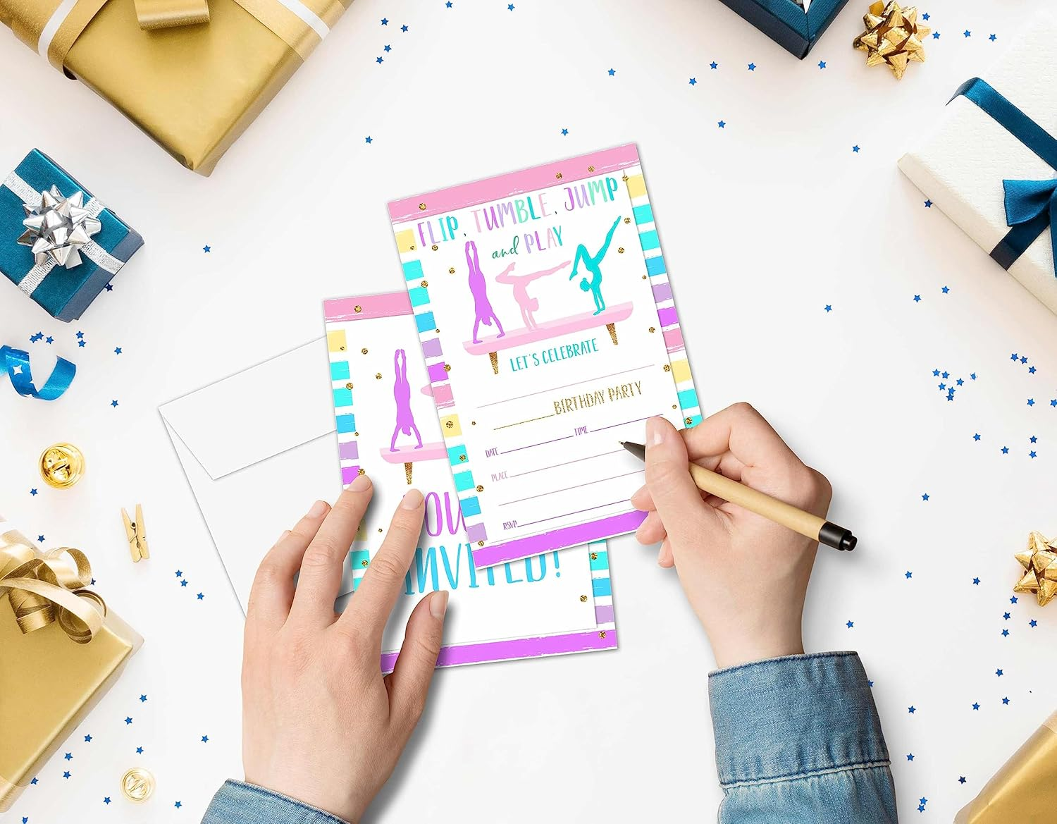 Gymnastics Birthday Invitations, Gymnastics Theme Birthday Party Invitations for Girls Boys Kids, Jump Tumble and Play Fill in Birthday Party Invites, Decorations, 20 Invitations with Envelopes (D04) image number 1