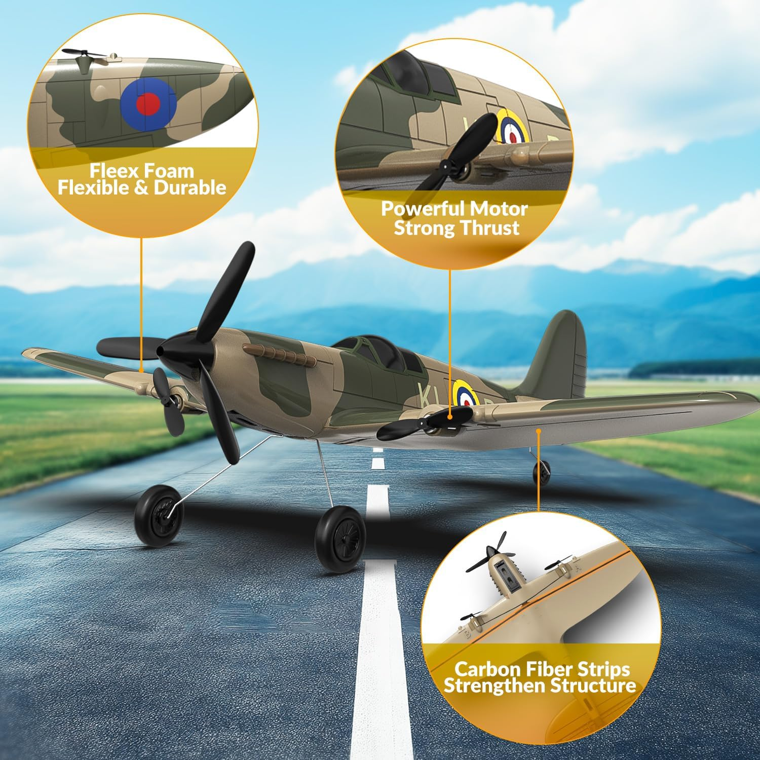 HAWK'S WORK 3 Channel RC Plane Spitfire Fighter, Remote Control Warbird Ready to Fly, 2.4Ghz 6-Axis Gyro Stabilizer, Easy to Fly for Kids & Beginners image number 1