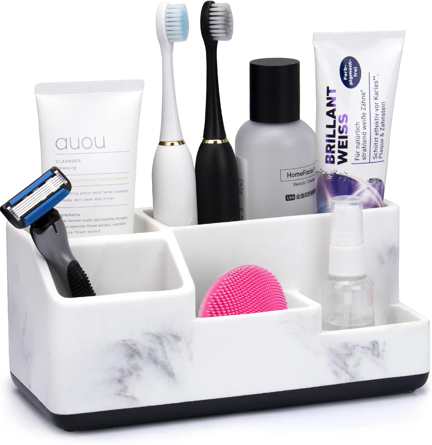 Richenda Toothbrush and Toothpaste Holder with Drainage, 5 Slots Bathroom Organizer Storage Caddy Countertop Anti-Slip Home Storage Organisation for Shower,Bath Products, Kitchen, White Marble