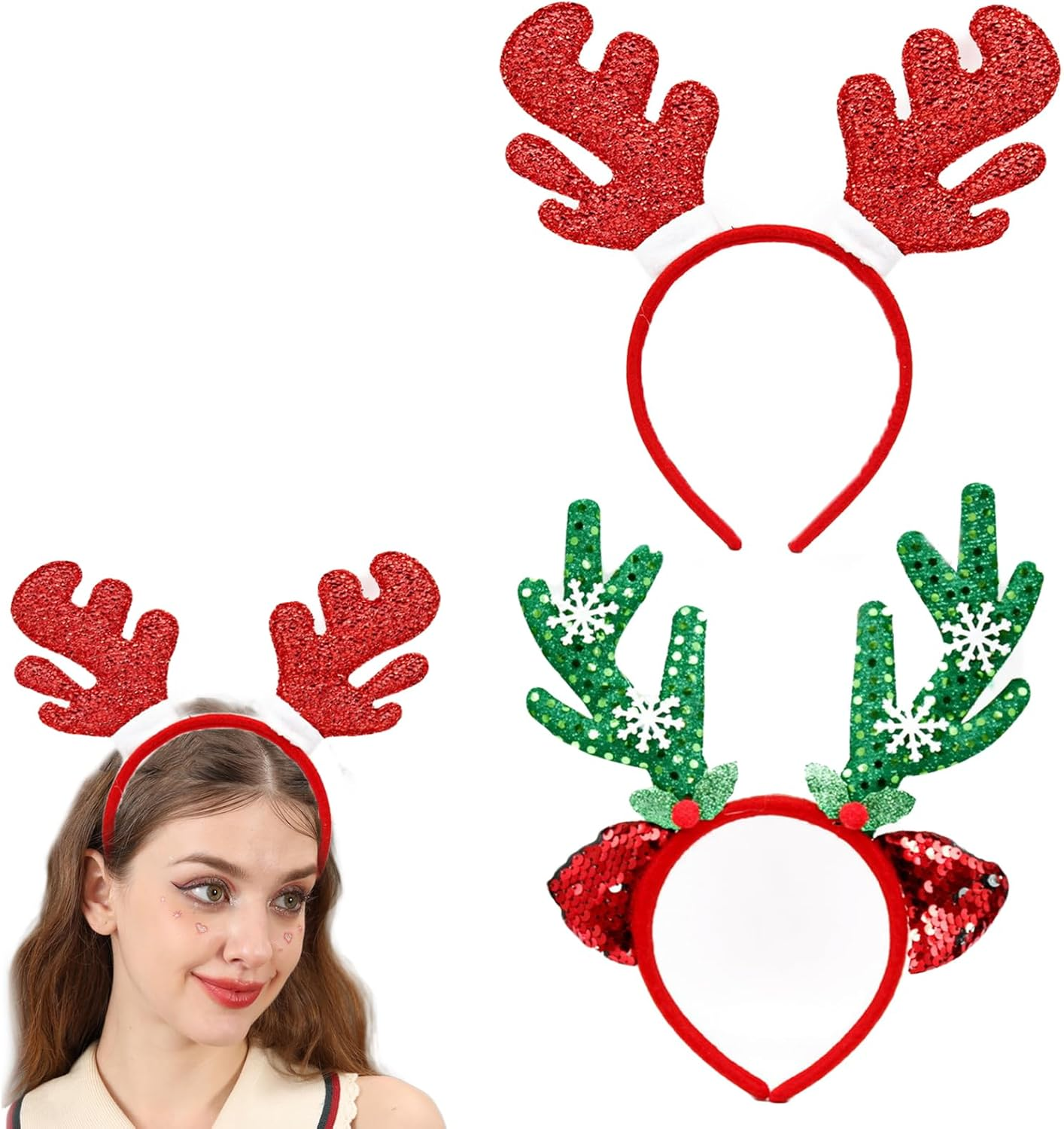 Lopsity 2PCS Christmas Headbands Xmas Headwear Reindeer Antlers Women Headband Christmas Party Costume Headpiece (A) image number 5