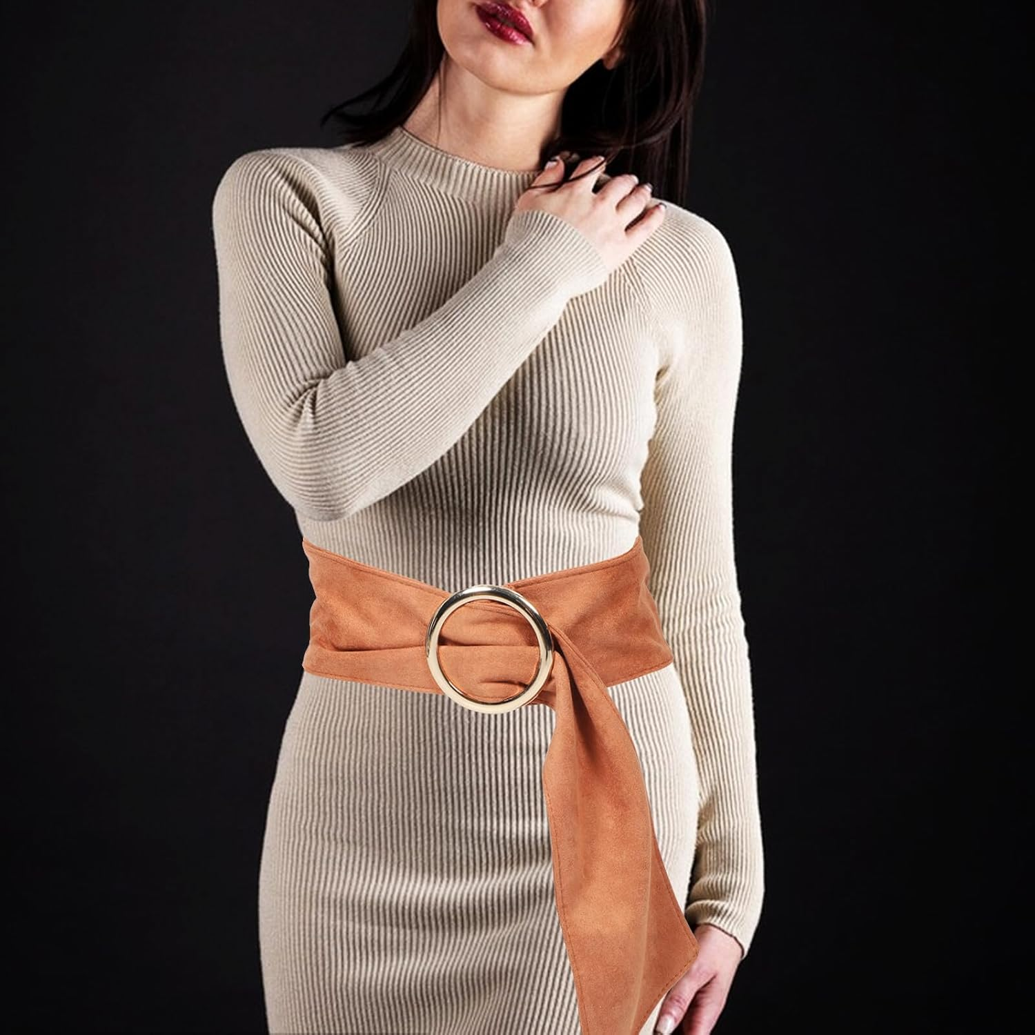 Healeved Brown Wide Waistband Belt with round Buckle for Women Soft Suede Corset Waist Cinch Belt for Dresses Casual and Formal Wear Minimalist Stylish Wide Waist Corset image number 1