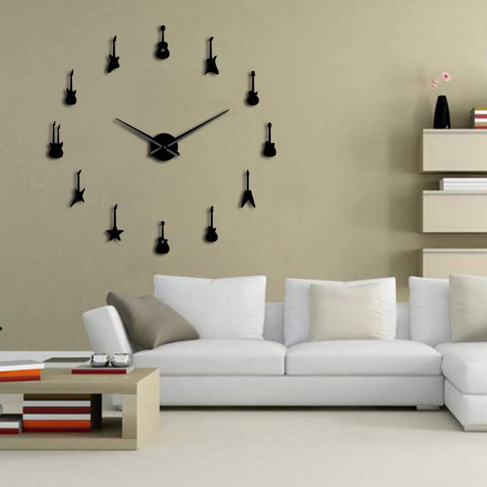 Guitar Variety Music DIY Giant Wall Clock Music Room Decor Frameless Big Needles Large Wall Clock Rock N Roll Guitar Wall Watch Black 47Inch(120Cm) image number 2