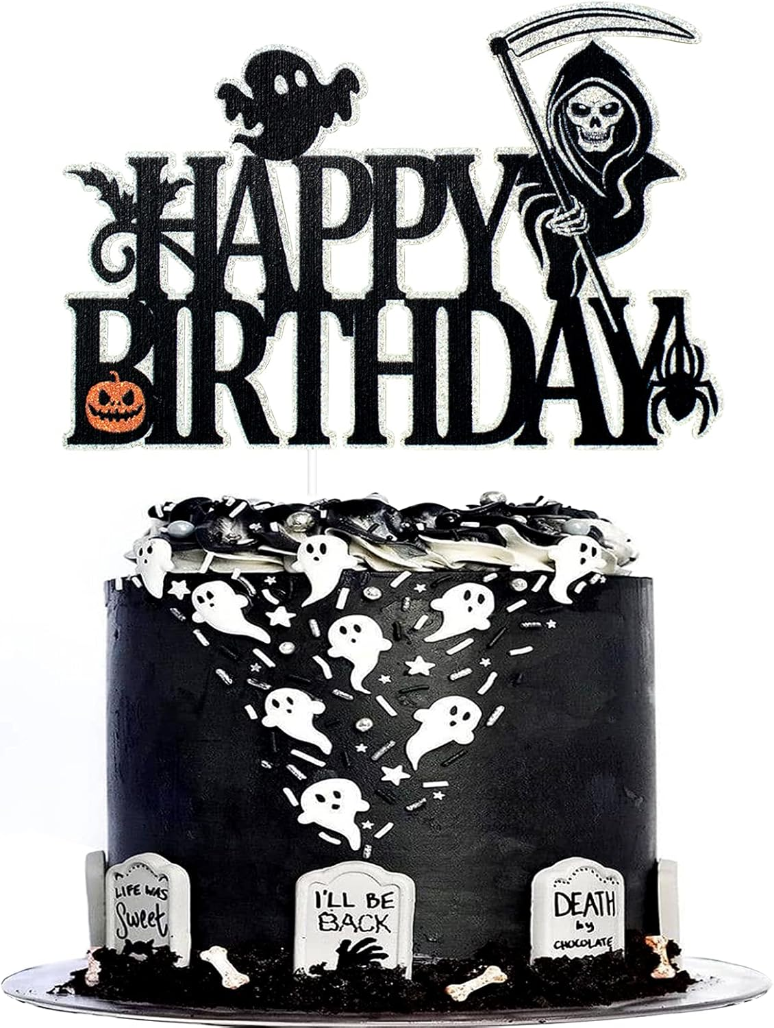 Halloween Happy Birthday Cake Topper - Spooky Pumpkin Death Black Glitter Cake Topper - Adult Kids Horror Birthday Party - Happy Halloween Party Decoration image number 5