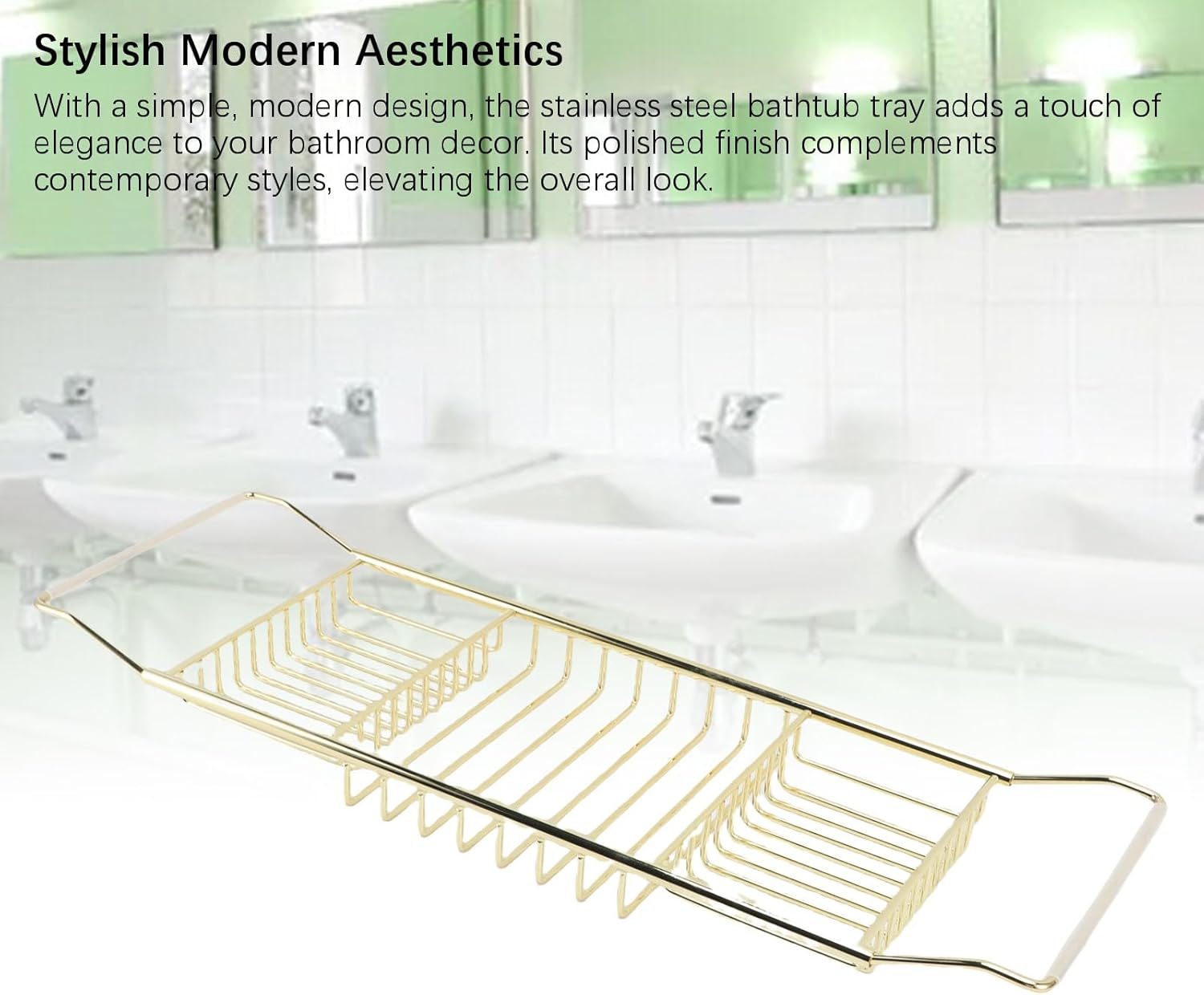 Viagasafamido Bathtub Tray, Stainless Steel and Expandable Shower Tub Caddy Tray, Adjustable Design 25 to 38.4In for Elegant Bath Experience (Gold)
