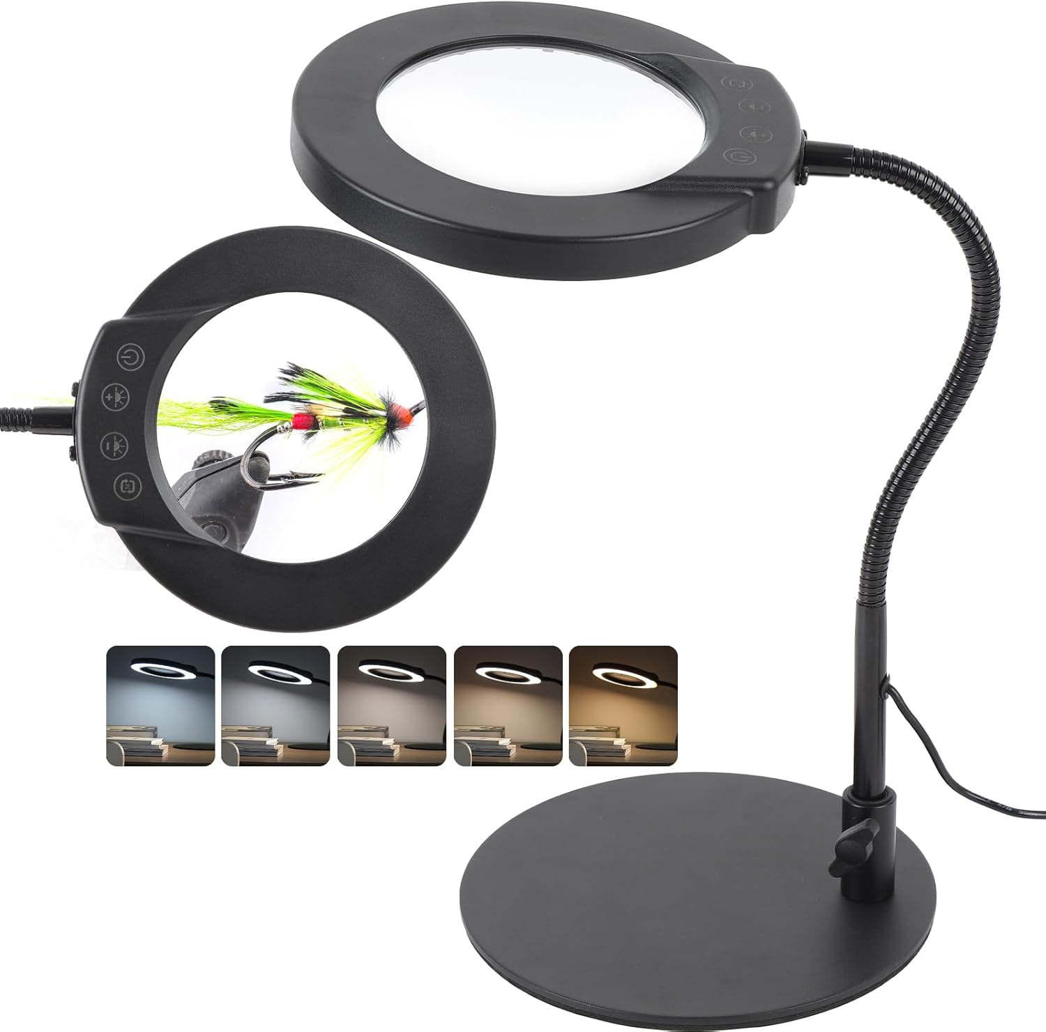 10X Magnifying Glass with Light and Stand, 5 Color Modes Stepless Dimmable LED Lighted Desk Lamp, Flexible Gooseneck Magnifying Desk Lamp for DIY Craft Reading Painting Sewing Work Round image number 3