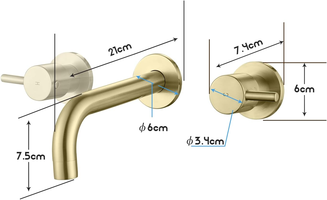 Decaura Bathroom Wall Sink Tap Set Basin Bath Spout Vanity Spa Bathtub Water Outlet with 1/4 Turn Twin Hand Lever Faucet Brass(Brushed Gold) image number 1